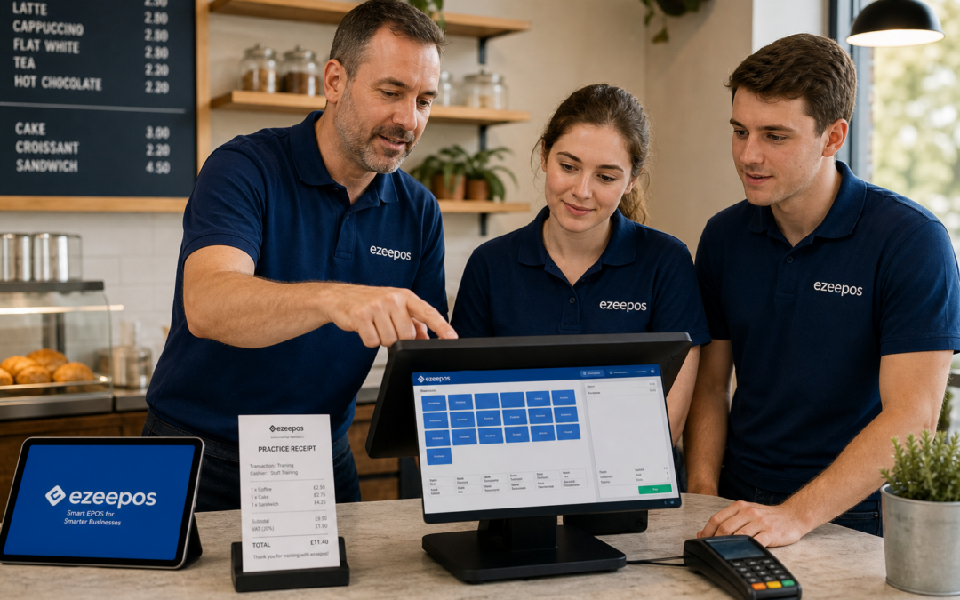 Why Staff Training Matters When Introducing a New EPOS System, photorealistic commercial photography style of a UK café or independent retail counter during a quiet training session, a manager guiding two staff members through a modern touchscreen EPOS terminal while a tablet and practice receipt are visible on the counter, friendly professional atmosphere, warm natural lighting, shallow depth of field, clean counter area, subtle blue brand accents on the interface and uniforms, realistic payment terminal nearby, focused expressions showing confidence and learning, premium but practical composition, ideal WordPress featured image for an ezeepos blog post about making EPOS rollout smoother through staff training, clear business technology focus with no clutter or unrelated scenery