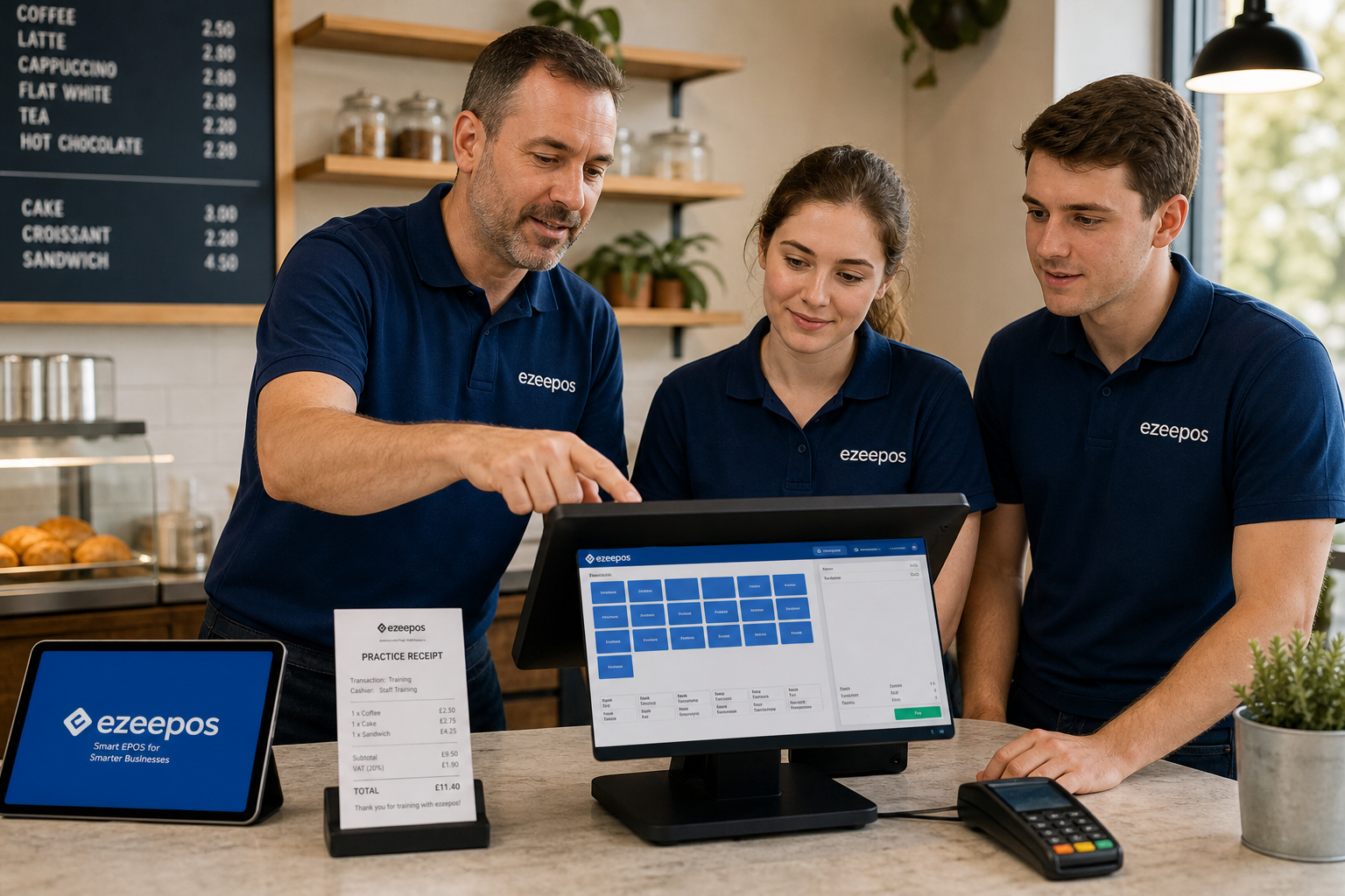 Why Staff Training Matters When Introducing a New EPOS System, photorealistic commercial photography style of a UK café or independent retail counter during a quiet training session, a manager guiding two staff members through a modern touchscreen EPOS terminal while a tablet and practice receipt are visible on the counter, friendly professional atmosphere, warm natural lighting, shallow depth of field, clean counter area, subtle blue brand accents on the interface and uniforms, realistic payment terminal nearby, focused expressions showing confidence and learning, premium but practical composition, ideal WordPress featured image for an ezeepos blog post about making EPOS rollout smoother through staff training, clear business technology focus with no clutter or unrelated scenery