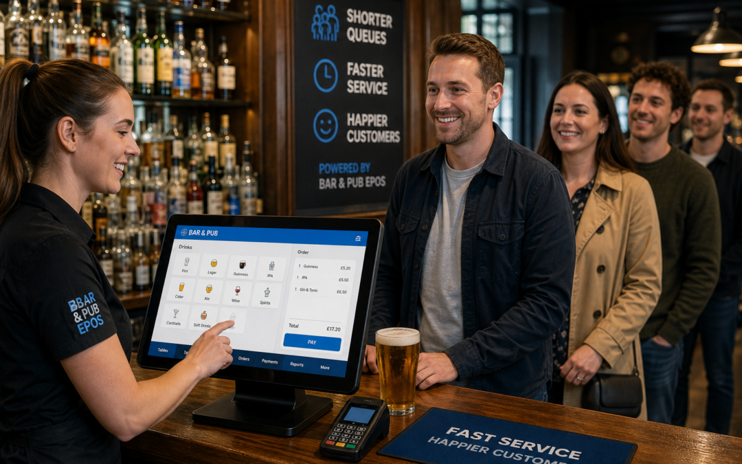 How Bar and Pub EPOS Helps Reduce Queues and Speed Up Service, a photorealistic commercial photography style image of a busy UK pub bar interior during evening service, with a friendly bartender using a modern touchscreen EPOS terminal to take a quick drinks order while customers wait in a short, orderly queue; the EPOS screen should be clearly visible with clean blue-accented interface elements, nearby card terminal and tidy counter area, bottles and glassware softly blurred in the background, warm natural lighting, shallow depth of field, premium but realistic composition, professional hospitality atmosphere, subtle brand-appropriate blue details on the screen and signage, realistic customer interaction, clean and modern yet authentic UK pub setting, hero image suitable for a WordPress blog and focused on fast service, queue reduction and practical till technology for bars and pubs.