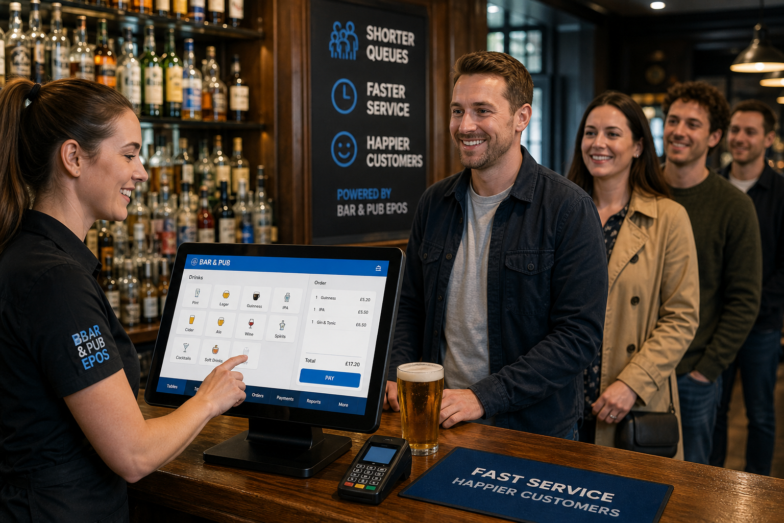 How Bar and Pub EPOS Helps Reduce Queues and Speed Up Service, a photorealistic commercial photography style image of a busy UK pub bar interior during evening service, with a friendly bartender using a modern touchscreen EPOS terminal to take a quick drinks order while customers wait in a short, orderly queue; the EPOS screen should be clearly visible with clean blue-accented interface elements, nearby card terminal and tidy counter area, bottles and glassware softly blurred in the background, warm natural lighting, shallow depth of field, premium but realistic composition, professional hospitality atmosphere, subtle brand-appropriate blue details on the screen and signage, realistic customer interaction, clean and modern yet authentic UK pub setting, hero image suitable for a WordPress blog and focused on fast service, queue reduction and practical till technology for bars and pubs.