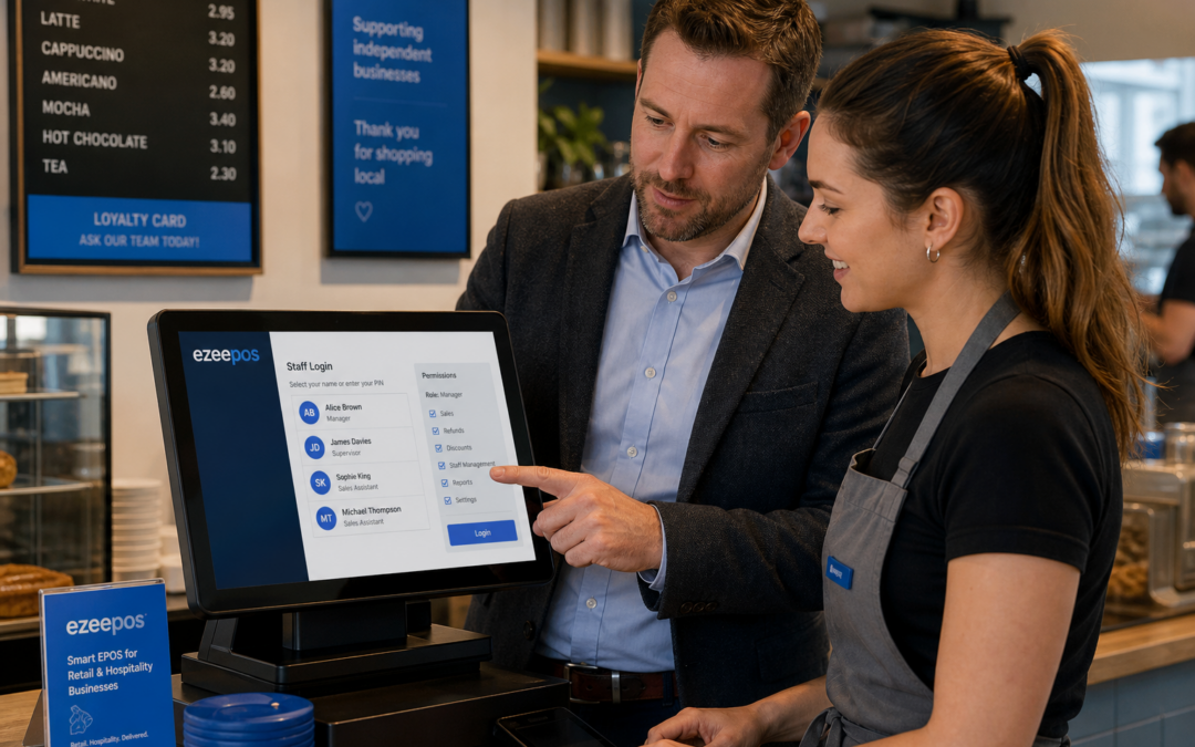 Why Staff Permissions Matter in a Growing Retail or Hospitality EPOS - Photorealistic commercial photography of a modern UK café or independent retail counter during a busy but calm service moment, with a touchscreen EPOS terminal clearly visible showing a staff login or permission screen, a manager standing beside a team member and reviewing access settings on the till, subtle blue brand accents on the interface and small signage, clean counter area, friendly professional atmosphere, realistic British business environment, shallow depth of field, natural lighting, premium but authentic composition, the POS technology as the focal point, suitable for a WordPress featured image for ezeepos.