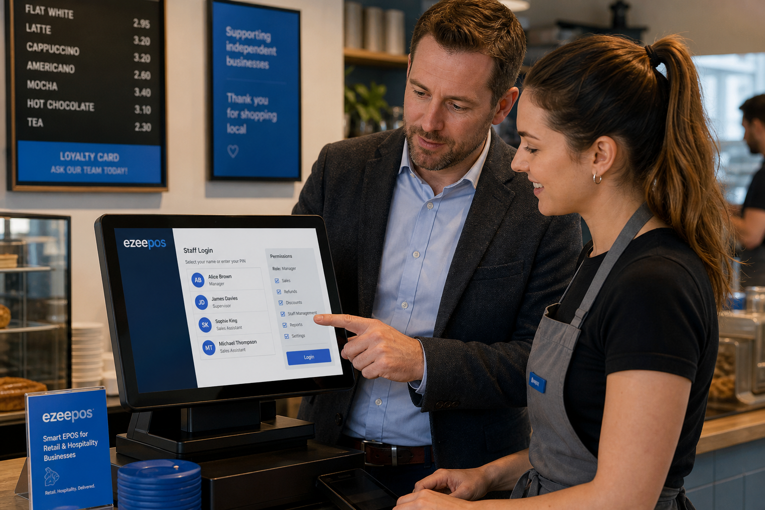 Why Staff Permissions Matter in a Growing Retail or Hospitality EPOS - Photorealistic commercial photography of a modern UK café or independent retail counter during a busy but calm service moment, with a touchscreen EPOS terminal clearly visible showing a staff login or permission screen, a manager standing beside a team member and reviewing access settings on the till, subtle blue brand accents on the interface and small signage, clean counter area, friendly professional atmosphere, realistic British business environment, shallow depth of field, natural lighting, premium but authentic composition, the POS technology as the focal point, suitable for a WordPress featured image for ezeepos.