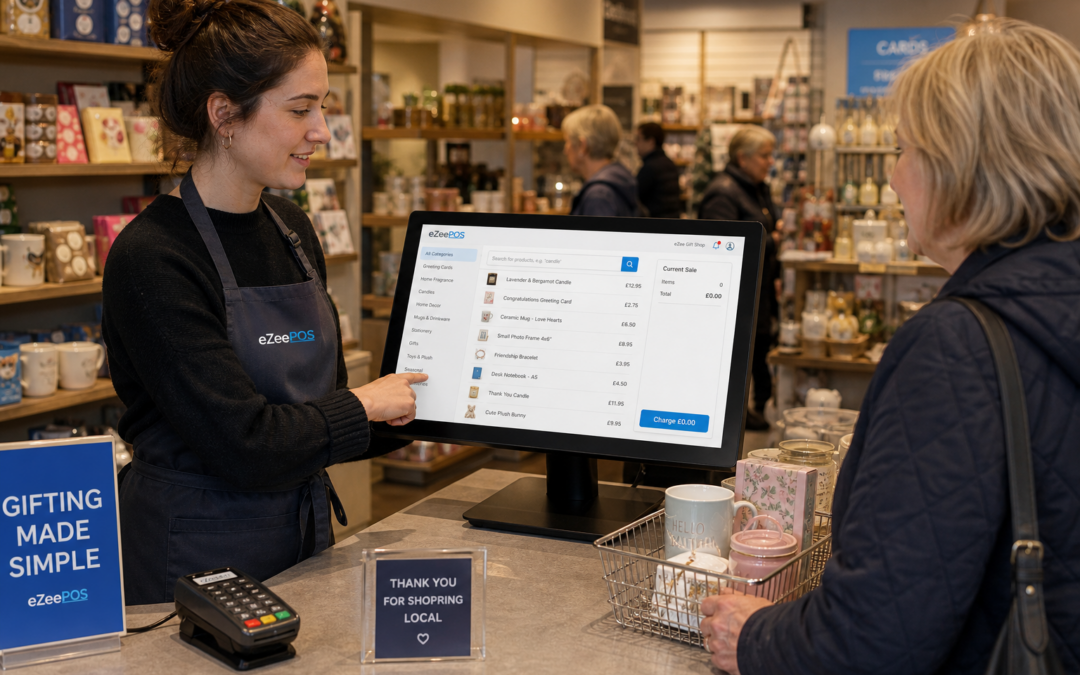Why Product Lookup Matters for Busy Gift Shop Checkouts - Photorealistic commercial photography style image of a busy UK gift shop counter during a weekday rush, with a friendly staff member using a modern eZeePOS-style touchscreen till to quickly search for a product from a wide range of gifts, greeting cards, candles and seasonal items. A customer stands at the counter waiting with a small basket of mixed products while the POS screen shows a clear product search interface with categories and item names visible but not overcrowded. The shop has warm lighting, clean counter space, subtle blue brand accents on the screen interface and signage, neatly arranged products in the background, and a realistic modern retail feel. Shallow depth of field, natural lighting, premium but realistic composition, professional website hero image for a UK EPOS company, focused on the technology helping staff serve customers faster in a gift shop environment.