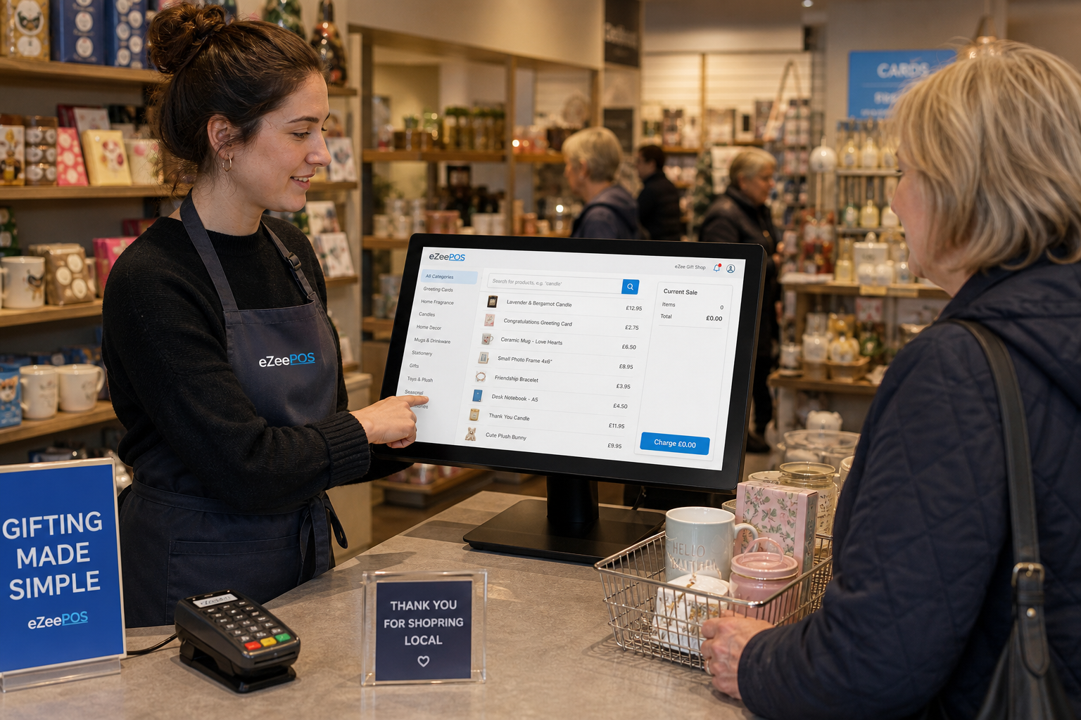 Why Product Lookup Matters for Busy Gift Shop Checkouts - Photorealistic commercial photography style image of a busy UK gift shop counter during a weekday rush, with a friendly staff member using a modern eZeePOS-style touchscreen till to quickly search for a product from a wide range of gifts, greeting cards, candles and seasonal items. A customer stands at the counter waiting with a small basket of mixed products while the POS screen shows a clear product search interface with categories and item names visible but not overcrowded. The shop has warm lighting, clean counter space, subtle blue brand accents on the screen interface and signage, neatly arranged products in the background, and a realistic modern retail feel. Shallow depth of field, natural lighting, premium but realistic composition, professional website hero image for a UK EPOS company, focused on the technology helping staff serve customers faster in a gift shop environment.