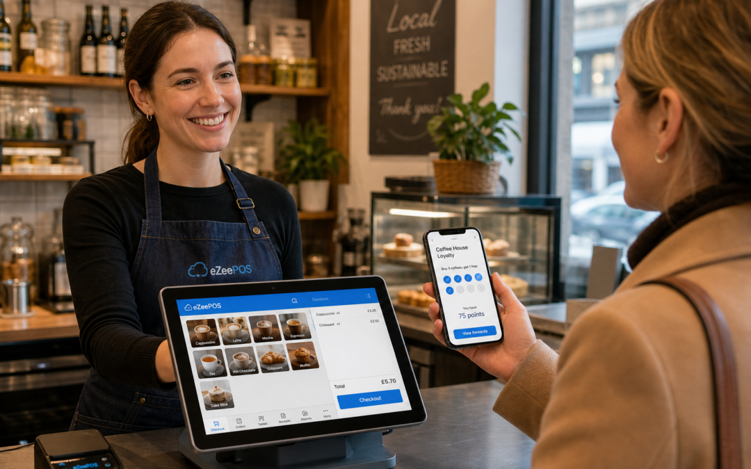 Why Customer Loyalty Matters for UK Shops, Cafes and Restaurants, photorealistic commercial photography style, warm modern UK retail or hospitality counter scene with a friendly staff member serving a regular customer who is holding a smartphone showing a digital loyalty wallet, rewards stamps or points on screen, with a clean eZeePOS-style POS terminal and subtle blue interface accents visible on the counter, realistic cafe or independent shop background, shallow depth of field, natural lighting, premium but believable composition, clean counter area, professional blog hero image for ezeepos, technology clearly in focus, subtle customer engagement feel, no clutter, no abstract elements, suitable for a WordPress featured image