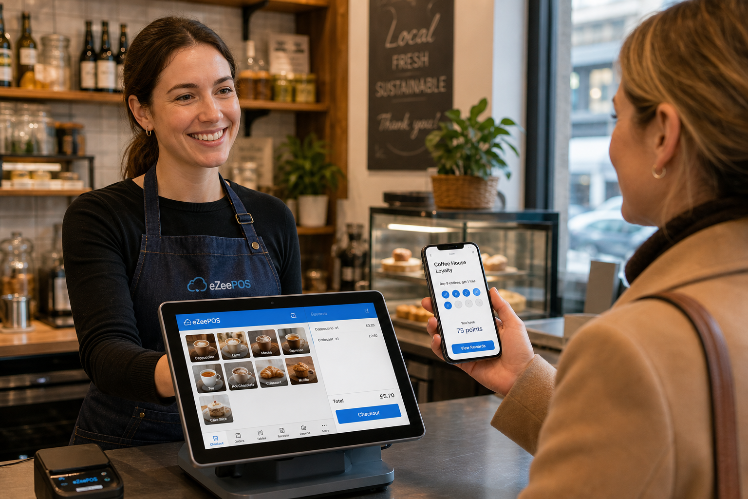 Why Customer Loyalty Matters for UK Shops, Cafes and Restaurants, photorealistic commercial photography style, warm modern UK retail or hospitality counter scene with a friendly staff member serving a regular customer who is holding a smartphone showing a digital loyalty wallet, rewards stamps or points on screen, with a clean eZeePOS-style POS terminal and subtle blue interface accents visible on the counter, realistic cafe or independent shop background, shallow depth of field, natural lighting, premium but believable composition, clean counter area, professional blog hero image for ezeepos, technology clearly in focus, subtle customer engagement feel, no clutter, no abstract elements, suitable for a WordPress featured image