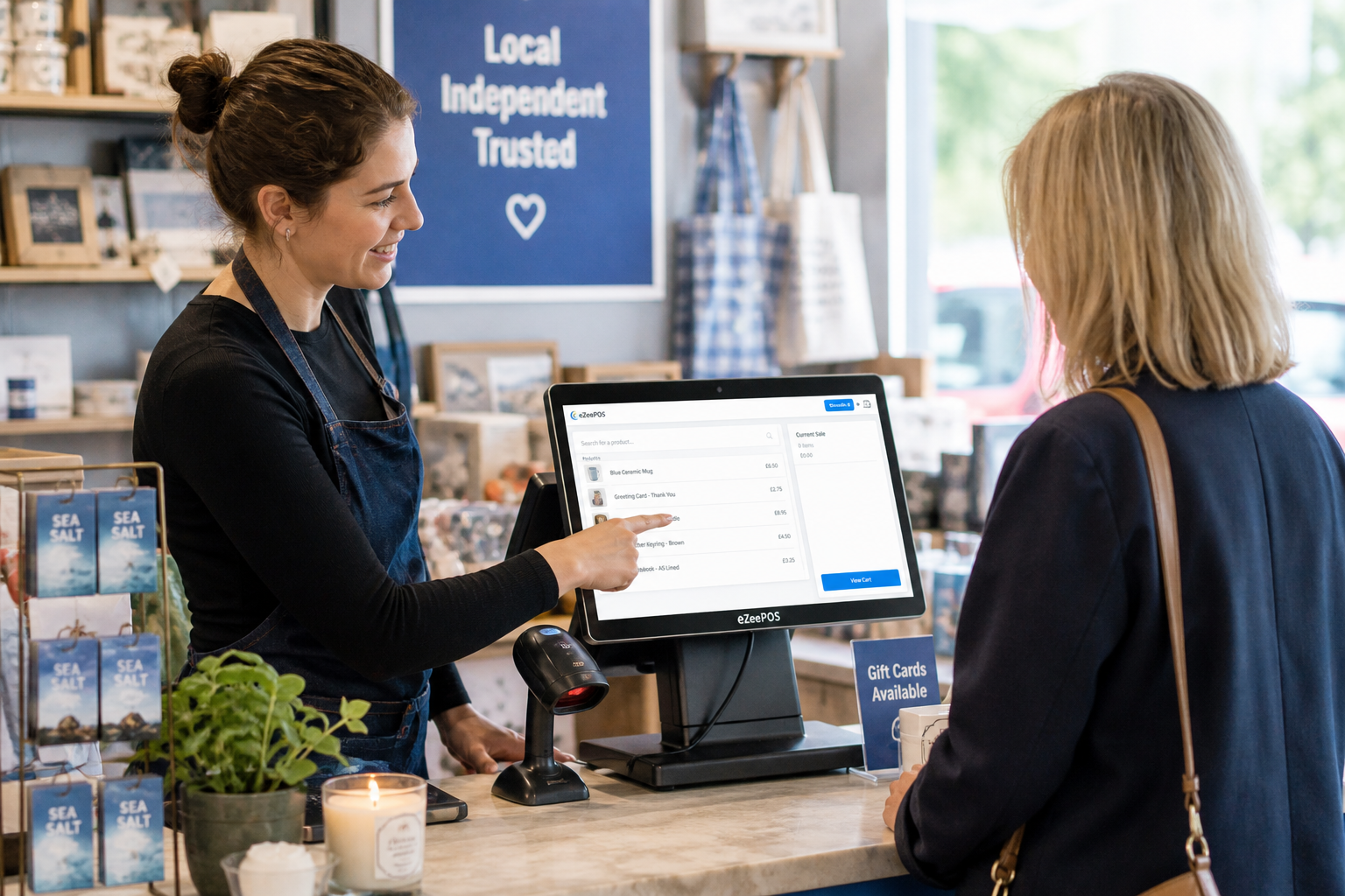 Why Retailers Need Better Product Lookup at Busy Checkouts, photorealistic commercial photography style featuring a busy UK independent retail shop counter during a normal trading day, with a friendly staff member using a modern touchscreen EPOS terminal to quickly search for a product while serving a customer, visible barcode scanner, neatly arranged products, clean counter space, subtle blue brand accents on the screen interface and shop signage, realistic till environment for a gift shop or mixed retail store, shallow depth of field, natural window lighting, warm professional atmosphere, premium but realistic composition, the technology clearly focused as the main subject, suitable for a WordPress featured image for eZeePOS
