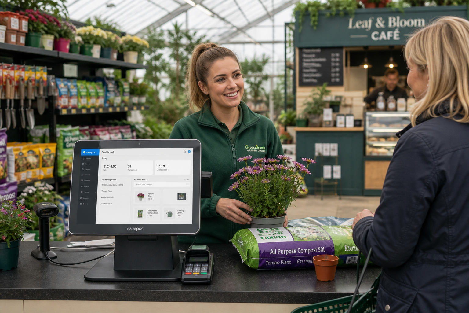 How EPOS Helps Garden Centres Manage Busy Seasonal Trading: A photorealistic commercial photography style hero image in a modern UK garden centre during a busy spring trading period, with a clean checkout counter in the foreground showing a sleek ezeepos-style touchscreen POS terminal displaying a simple sales dashboard and product lookup screen, a staff member serving a customer with plants and gardening supplies nearby, and a subtle blue-accented interface on the screen; in the background, shelves of seasonal plants, compost bags, gardening tools and gift items create a realistic retail setting, while a small cafe counter is visible to suggest mixed retail and hospitality trading; natural daylight, warm professional atmosphere, shallow depth of field, premium but realistic composition, friendly staff interaction, no clutter, no abstract tech visuals, no exaggerated branding, suitable as a WordPress featured image for a UK EPOS business blog.