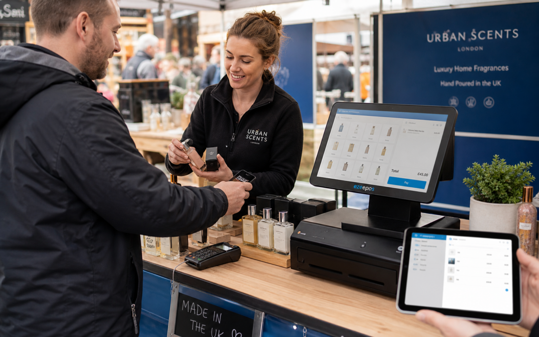 Why Mobile Retail Needs Flexible EPOS for Sales on the Move, a photorealistic commercial photography style image of a UK mobile retail business trading from a compact pop-up counter at a local market, with a modern touchscreen EPOS terminal clearly visible beside neatly arranged products, a staff member completing a sale for a customer, and a smartphone or tablet showing a simple sales interface in the foreground; the scene should feel warm, professional and practical, with shallow depth of field, natural lighting, clean counter space, subtle blue brand accents on the screen interface or signage, realistic equipment and a busy but organised retail atmosphere that reflects flexible EPOS for trading on the move, suitable as a WordPress featured image for ezeepos.