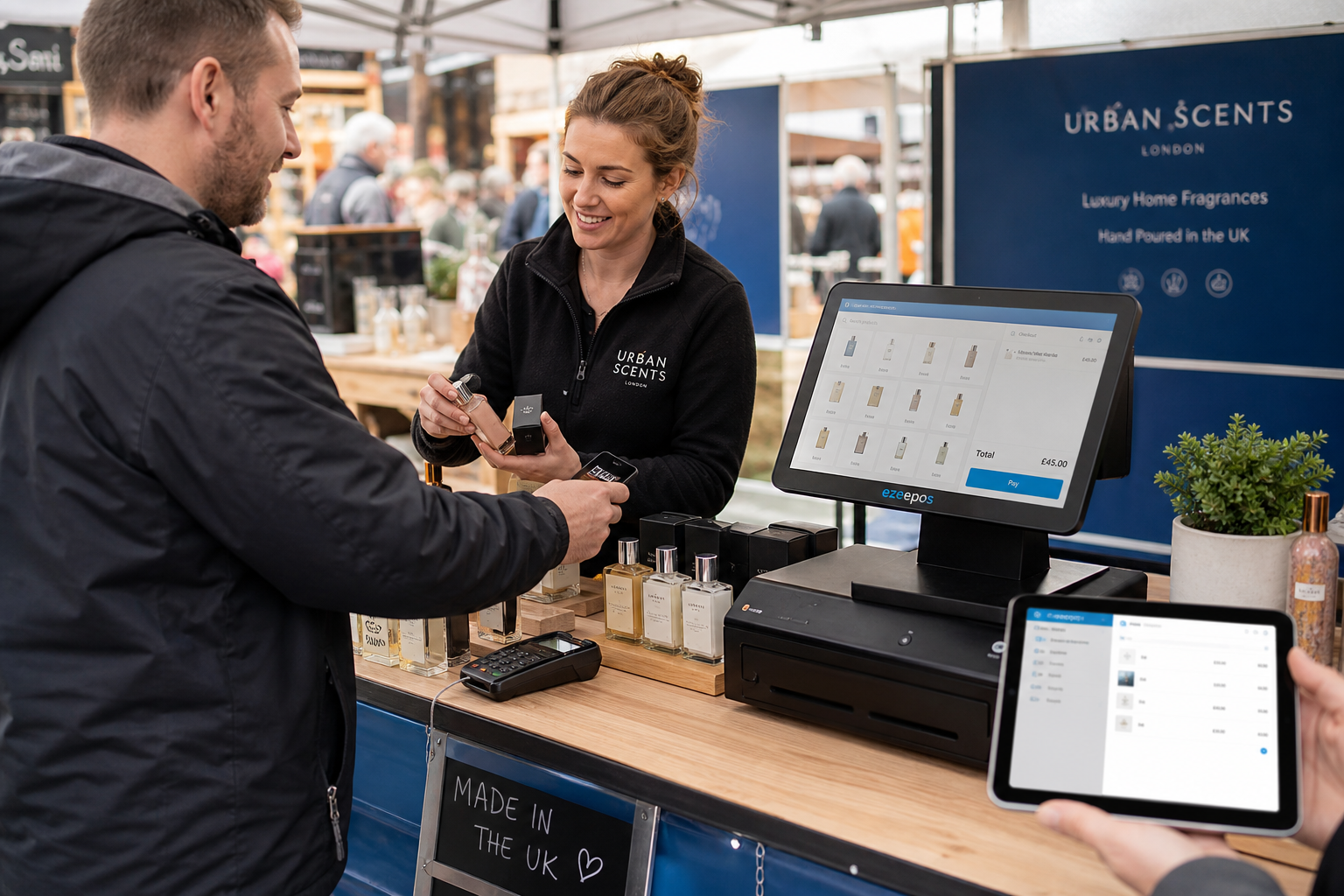 Why Mobile Retail Needs Flexible EPOS for Sales on the Move, a photorealistic commercial photography style image of a UK mobile retail business trading from a compact pop-up counter at a local market, with a modern touchscreen EPOS terminal clearly visible beside neatly arranged products, a staff member completing a sale for a customer, and a smartphone or tablet showing a simple sales interface in the foreground; the scene should feel warm, professional and practical, with shallow depth of field, natural lighting, clean counter space, subtle blue brand accents on the screen interface or signage, realistic equipment and a busy but organised retail atmosphere that reflects flexible EPOS for trading on the move, suitable as a WordPress featured image for ezeepos.