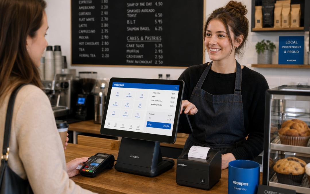 What to Consider When Choosing a Touchscreen Till for Your Business - Photorealistic commercial photography style image set inside a modern UK café-retail counter environment, showing a friendly staff member using a sleek touchscreen till with a clean ezeepos-style interface while serving a customer, with the POS screen clearly visible, subtle blue brand accents on the interface and small counter details, a tidy counter area with a receipt printer and card terminal nearby, realistic warm natural lighting, shallow depth of field, premium but believable composition, professional blog hero image for a UK EPOS website, focused on practical day-to-day use of a touchscreen till in a busy independent business, no clutter, no abstract background, no unrealistic devices, no cartoon style.
