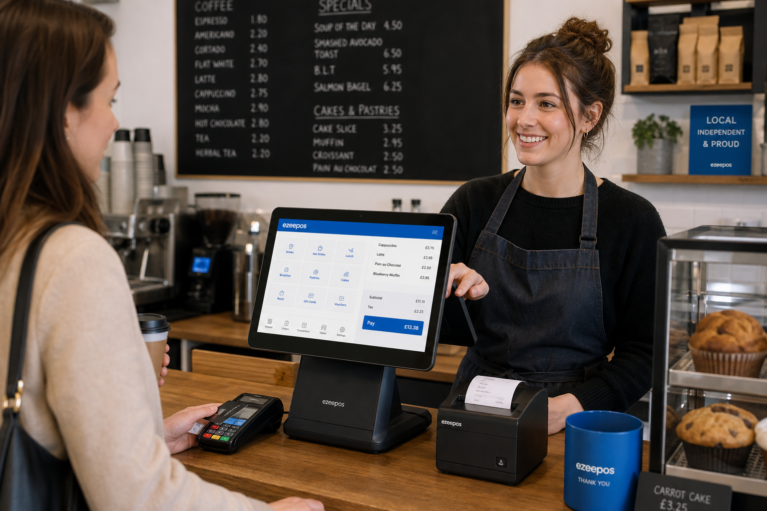 What to Consider When Choosing a Touchscreen Till for Your Business - Photorealistic commercial photography style image set inside a modern UK café-retail counter environment, showing a friendly staff member using a sleek touchscreen till with a clean ezeepos-style interface while serving a customer, with the POS screen clearly visible, subtle blue brand accents on the interface and small counter details, a tidy counter area with a receipt printer and card terminal nearby, realistic warm natural lighting, shallow depth of field, premium but believable composition, professional blog hero image for a UK EPOS website, focused on practical day-to-day use of a touchscreen till in a busy independent business, no clutter, no abstract background, no unrealistic devices, no cartoon style.