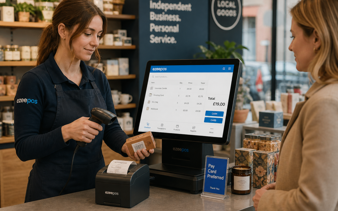 Barcode Scanning for Faster Retail Checkouts: photorealistic commercial photography of a modern UK independent retail shop counter during a busy but calm trading moment, with a friendly staff member scanning a product barcode at a sleek touchscreen POS terminal while a customer waits nearby, barcode scanner clearly visible, clean counter area, receipt printer and neatly arranged products on display, subtle blue brand accents on the screen interface and small signage, realistic retail environment such as a convenience store or gift shop, warm natural lighting, shallow depth of field, premium but authentic composition, the POS system and scanning workflow as the clear focus, professional blog hero image suitable for ezeepos, no clutter, no exaggerated futuristic elements, realistic faces and hands, contemporary UK shop setting