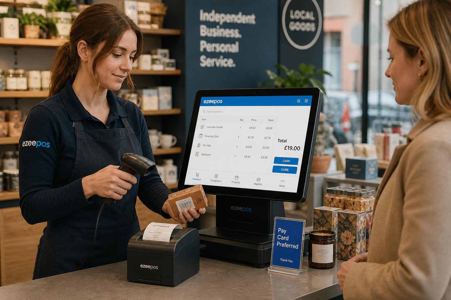Barcode Scanning for Faster Retail Checkouts: photorealistic commercial photography of a modern UK independent retail shop counter during a busy but calm trading moment, with a friendly staff member scanning a product barcode at a sleek touchscreen POS terminal while a customer waits nearby, barcode scanner clearly visible, clean counter area, receipt printer and neatly arranged products on display, subtle blue brand accents on the screen interface and small signage, realistic retail environment such as a convenience store or gift shop, warm natural lighting, shallow depth of field, premium but authentic composition, the POS system and scanning workflow as the clear focus, professional blog hero image suitable for ezeepos, no clutter, no exaggerated futuristic elements, realistic faces and hands, contemporary UK shop setting