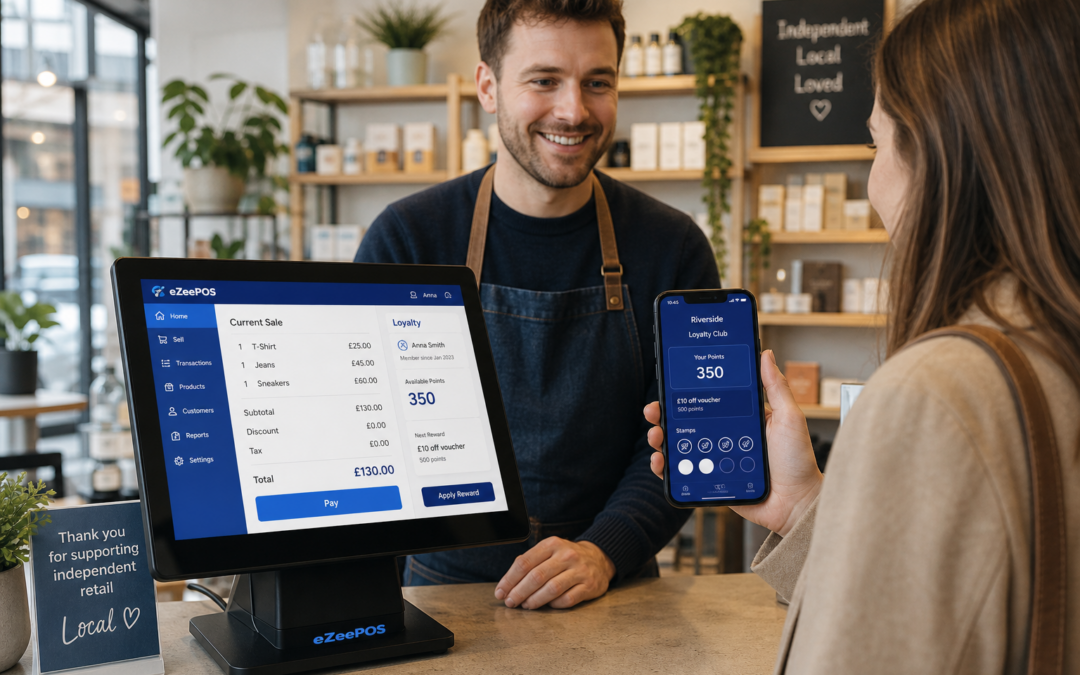 Why Customer Loyalty Still Matters for Independent UK Retailers: a realistic photorealistic commercial photography style hero image in a modern independent UK retail shop, with a clean counter, an eZeePOS-style touchscreen till clearly visible, and a friendly staff member helping a regular customer who is holding a smartphone showing a digital loyalty screen with rewards points and stamps. Include subtle blue brand accents on the POS interface, small signage or screen elements. The scene should feel warm, professional and natural, with shallow depth of field, soft daylight, premium but realistic composition, and a strong focus on customer engagement at the checkout. Make the technology central to the image, with retail products neatly arranged in the background and a welcoming independent shop atmosphere suitable for a WordPress featured image.