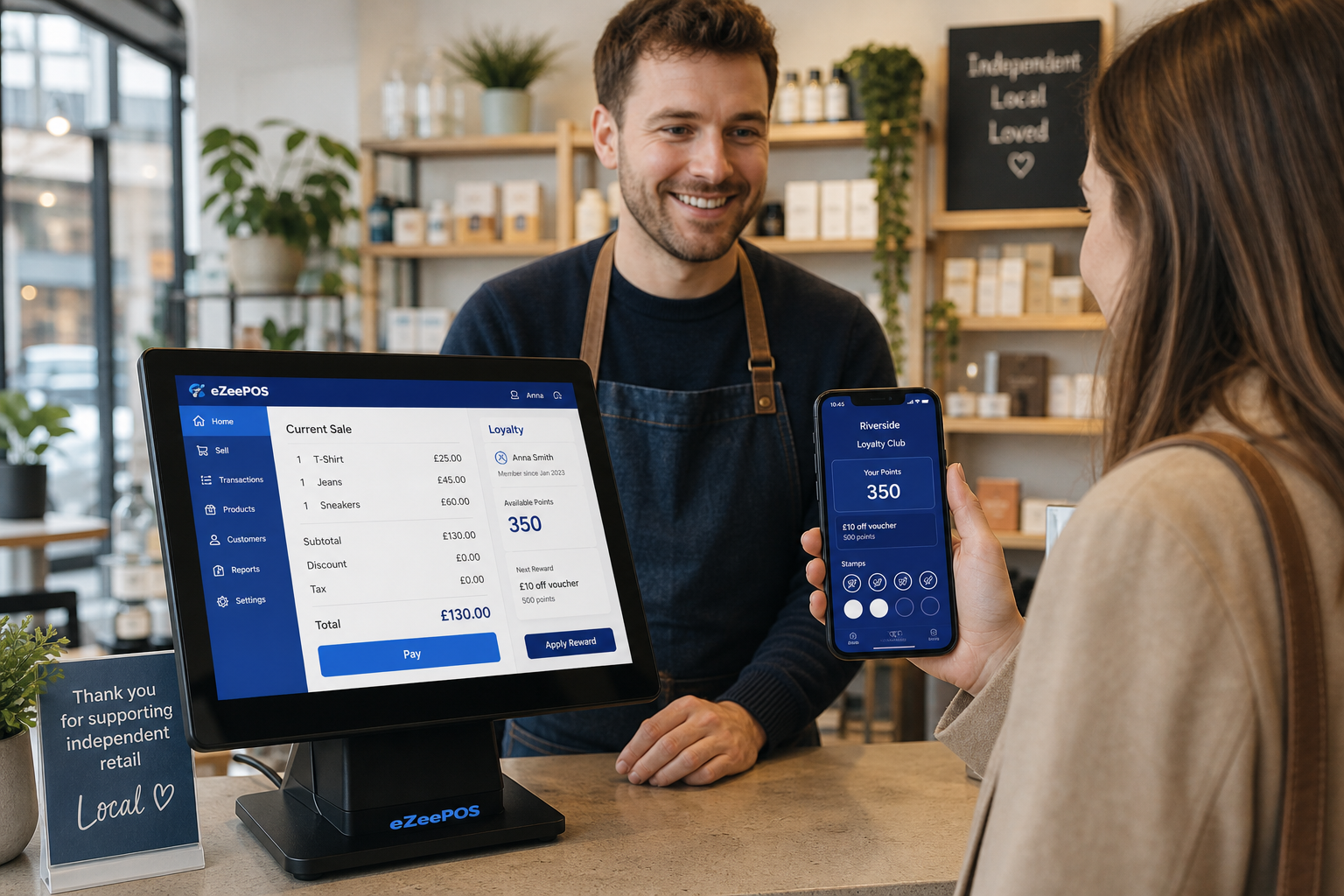 Why Customer Loyalty Still Matters for Independent UK Retailers: a realistic photorealistic commercial photography style hero image in a modern independent UK retail shop, with a clean counter, an eZeePOS-style touchscreen till clearly visible, and a friendly staff member helping a regular customer who is holding a smartphone showing a digital loyalty screen with rewards points and stamps. Include subtle blue brand accents on the POS interface, small signage or screen elements. The scene should feel warm, professional and natural, with shallow depth of field, soft daylight, premium but realistic composition, and a strong focus on customer engagement at the checkout. Make the technology central to the image, with retail products neatly arranged in the background and a welcoming independent shop atmosphere suitable for a WordPress featured image.