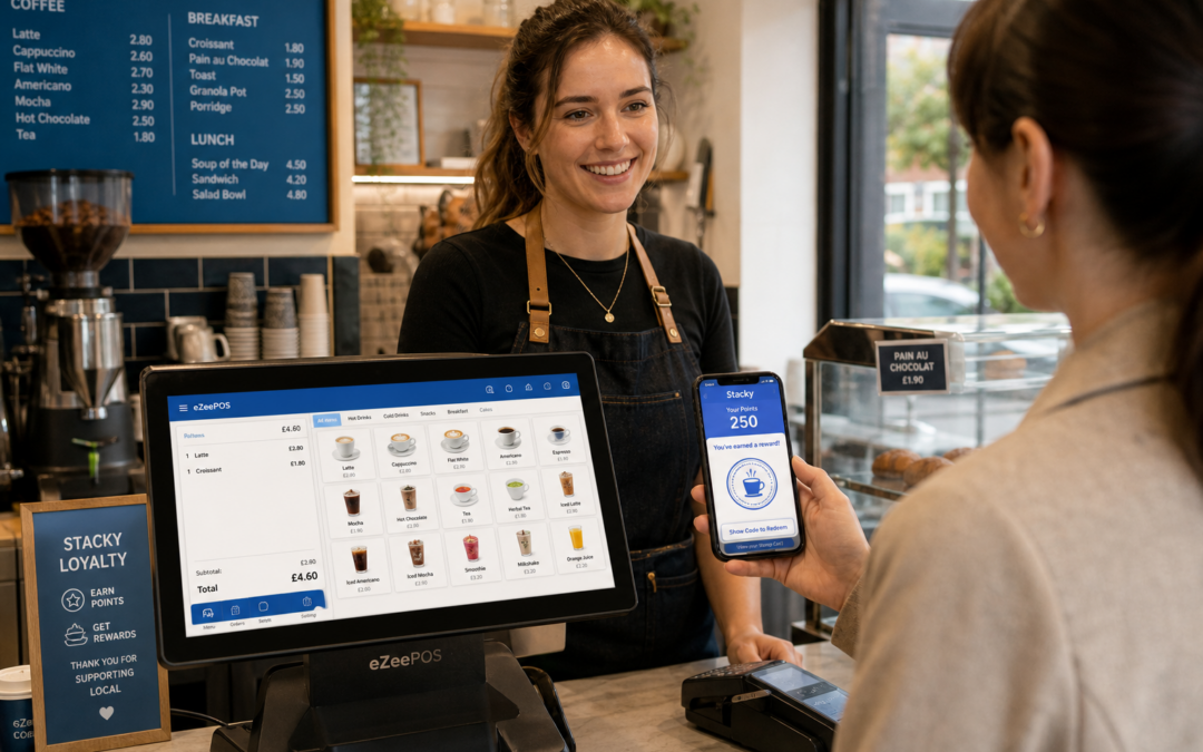 How Stacky Loyalty App Can Help UK Shops and Cafés Turn More First-Time Customers into Regulars, photorealistic commercial photography style image of a modern UK café counter with a friendly staff member serving a customer while the customer holds a smartphone showing a digital loyalty wallet with points and a reward stamp, an eZeePOS-style touchscreen till visible on the counter with subtle blue interface accents, clean counter area, warm natural lighting, shallow depth of field, premium but realistic composition, independent retail and hospitality atmosphere, subtle branded blue details in the screen and menu signage, professional blog hero image suitable for a WordPress featured image, technology clearly the focus, realistic UK business setting