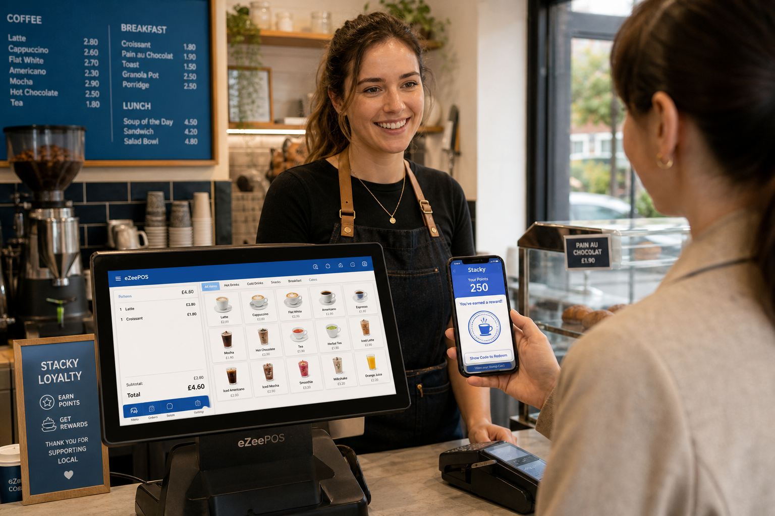 How Stacky Loyalty App Can Help UK Shops and Cafés Turn More First-Time Customers into Regulars, photorealistic commercial photography style image of a modern UK café counter with a friendly staff member serving a customer while the customer holds a smartphone showing a digital loyalty wallet with points and a reward stamp, an eZeePOS-style touchscreen till visible on the counter with subtle blue interface accents, clean counter area, warm natural lighting, shallow depth of field, premium but realistic composition, independent retail and hospitality atmosphere, subtle branded blue details in the screen and menu signage, professional blog hero image suitable for a WordPress featured image, technology clearly the focus, realistic UK business setting