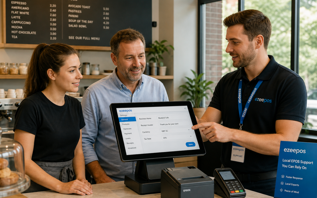 Why Local EPOS Support Still Matters for UK Retail and Hospitality Businesses, photorealistic commercial photography style featuring a modern UK café counter with a friendly staff member and business owner speaking with a local EPOS support specialist beside a sleek touchscreen POS terminal showing a simple blue-accent interface, the specialist demonstrating settings on the screen while the staff member looks reassured, clean counter area, receipt printer and card terminal nearby, subtle ezeepos-style blue branding details on the screen and uniform lanyard, warm natural daylight, shallow depth of field, premium realistic composition, professional blog hero image, technology and support as the clear focus, approachable and trustworthy mood