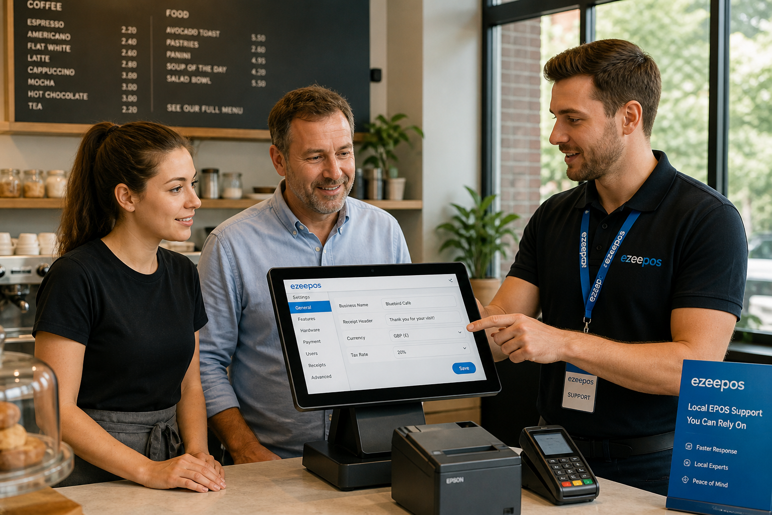 Why Local EPOS Support Still Matters for UK Retail and Hospitality Businesses, photorealistic commercial photography style featuring a modern UK café counter with a friendly staff member and business owner speaking with a local EPOS support specialist beside a sleek touchscreen POS terminal showing a simple blue-accent interface, the specialist demonstrating settings on the screen while the staff member looks reassured, clean counter area, receipt printer and card terminal nearby, subtle ezeepos-style blue branding details on the screen and uniform lanyard, warm natural daylight, shallow depth of field, premium realistic composition, professional blog hero image, technology and support as the clear focus, approachable and trustworthy mood