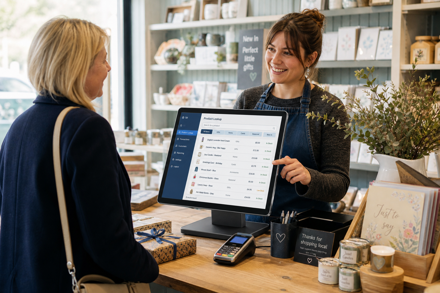 Why Product Lookup Matters for Busy Gift Shop Checkouts, photorealistic commercial photography style, warm modern UK gift shop interior with a clean checkout counter, a friendly staff member serving a customer while using a modern ePOS touchscreen terminal, the screen showing a clear product lookup list with gift items, seasonal categories and search results in a tasteful blue-accented interface, nearby wrapped gifts, greeting cards, candles and small impulse items neatly arranged, shallow depth of field, natural daylight, premium realistic composition, subtle ezeepos-style branding on the interface and counter accessories without fake logos, professional featured image for a UK retail EPOS blog, emphasis on fast checkout, organised product search and smooth customer service