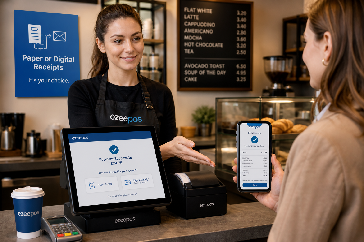 Digital Receipts for UK Retail and Hospitality: A Practical EPOS Upgrade, photorealistic commercial photography style showing a modern UK café or independent retail counter with a touchscreen EPOS terminal displaying a clean digital receipt confirmation screen, a staff member politely offering a customer the choice between paper and digital receipt on a smartphone or email screen, subtle blue brand accents on the interface and signage, tidy counter area, receipt printer present but unobtrusive, warm natural lighting, shallow depth of field, premium but realistic composition, friendly professional atmosphere, clear focus on the checkout technology and customer experience, WordPress featured image quality, custom-made look specifically for ezeepos blog article