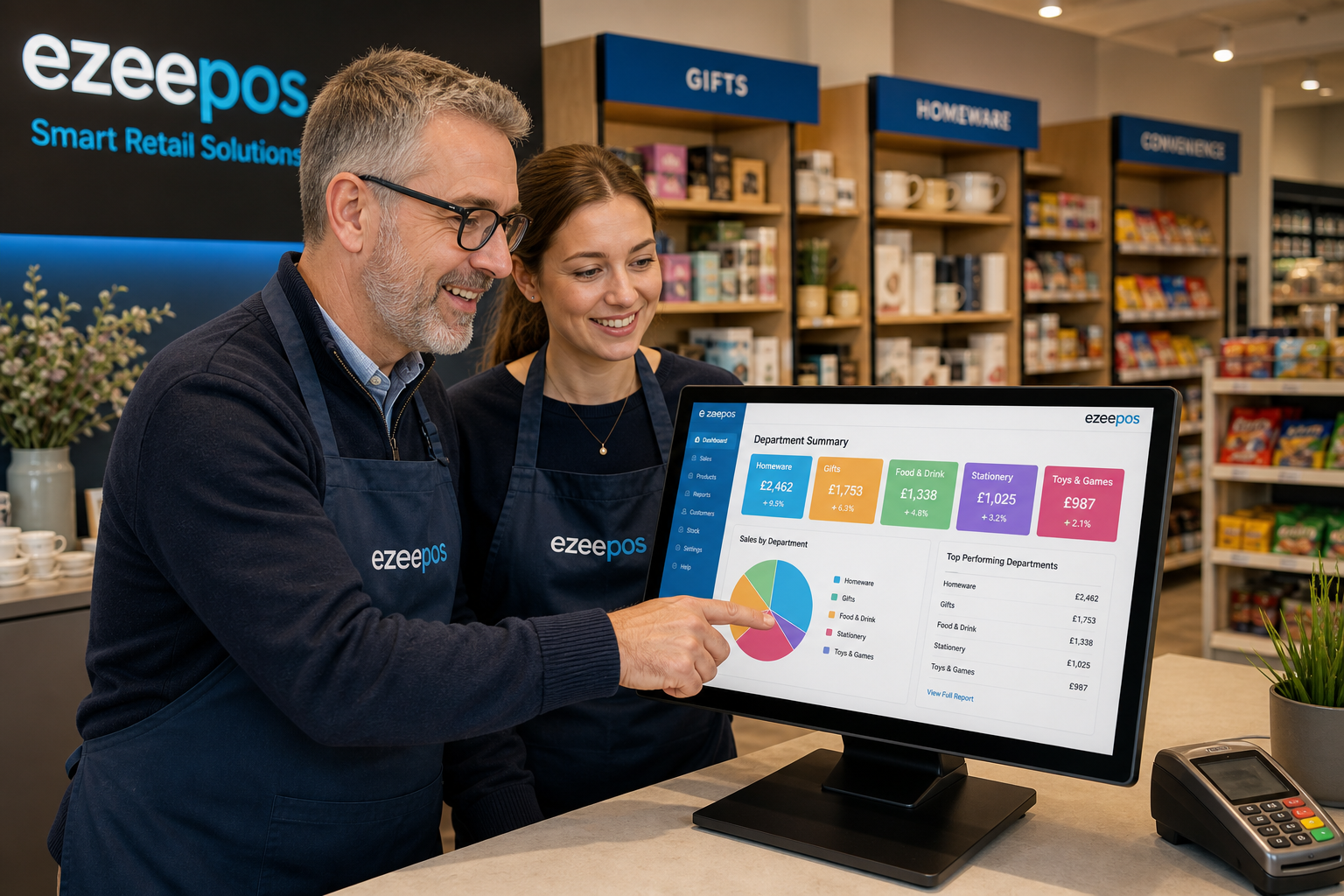 How Multi-Department Retail Reporting Helps Shops Make Smarter Decisions, photorealistic commercial photography style feature image for a UK multi-department retail shop, showing a shop owner and assistant standing at a clean modern EPOS touchscreen terminal reviewing colourful department sales charts and performance summaries on the screen, with clearly organised retail sections in the background such as gifts, homeware and convenience items, subtle blue brand accents on the interface and signage, warm natural lighting, shallow depth of field, premium but realistic composition, friendly professional atmosphere, clean counter area, realistic UK independent retailer setting, the EPOS screen and reporting dashboard as the focus of the image, suitable for an ezeepos blog hero image, no clutter, no unrealistic futuristic devices, no cartoon style