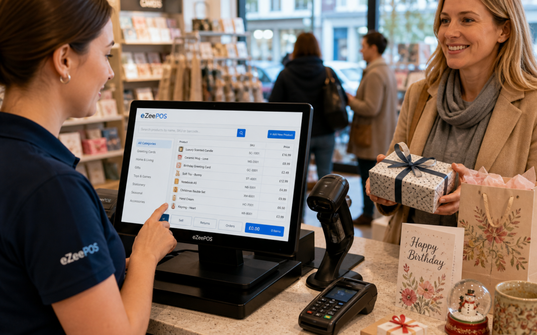 Why Product Lookup Matters for Busy Gift Shop Checkouts, photorealistic commercial photography style of a modern UK gift shop checkout counter during a busy afternoon, with a friendly staff member using an eZeePOS-style touchscreen till to quickly search for a product while a customer waits with wrapped gifts, cards and seasonal items on the counter, the POS screen showing a neat searchable product list and clear item categories with subtle blue brand accents, a barcode scanner nearby, warm natural lighting, shallow depth of field, clean counter area, premium but realistic composition, professional retail environment, technology clearly the focus, suitable as a WordPress featured image for ezeepos.