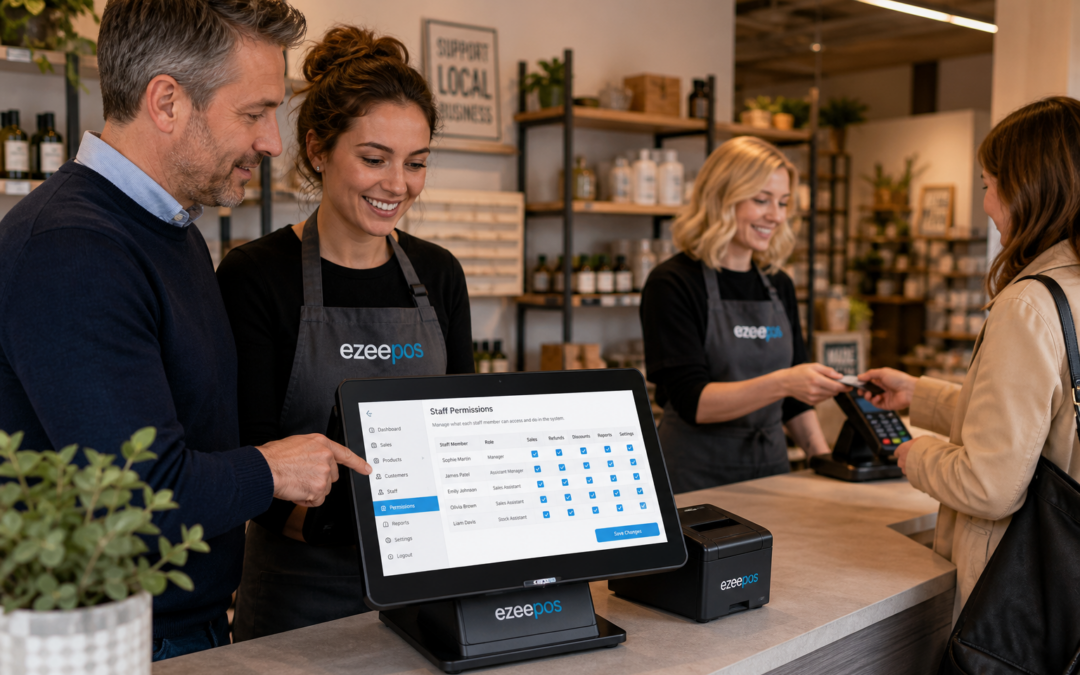 Why Staff Permissions Matter in Retail EPOS for Independent Shops — A photorealistic commercial image inside a modern independent UK retail shop, showing a friendly manager and a staff member at a clean touchscreen EPOS till with a permissions screen visible on the display, subtle blue interface accents, the manager reviewing access levels while the staff member serves a customer at the counter, with retail products neatly arranged in the background, warm natural lighting, shallow depth of field, premium but realistic composition, professional business environment, clean counter area, realistic POS terminal and touchscreen till focus, subtle signs of control and organisation, designed as a WordPress featured image for ezeepos.
