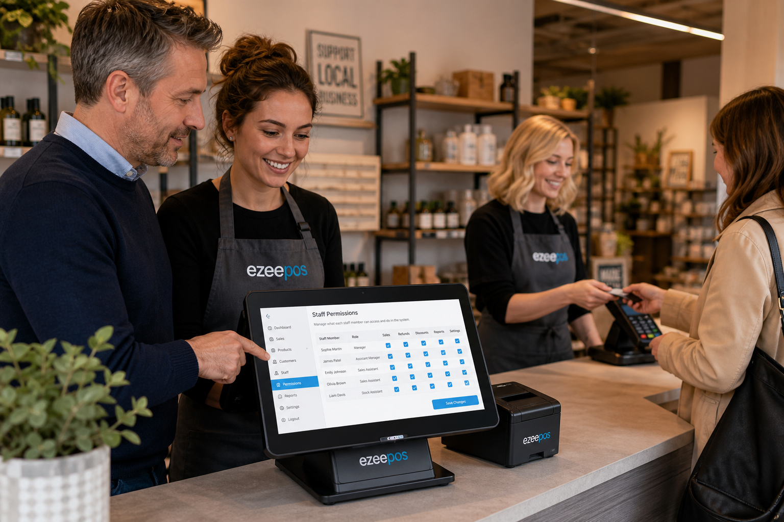 Why Staff Permissions Matter in Retail EPOS for Independent Shops — A photorealistic commercial image inside a modern independent UK retail shop, showing a friendly manager and a staff member at a clean touchscreen EPOS till with a permissions screen visible on the display, subtle blue interface accents, the manager reviewing access levels while the staff member serves a customer at the counter, with retail products neatly arranged in the background, warm natural lighting, shallow depth of field, premium but realistic composition, professional business environment, clean counter area, realistic POS terminal and touchscreen till focus, subtle signs of control and organisation, designed as a WordPress featured image for ezeepos.