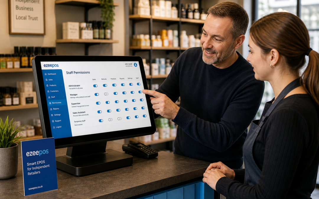 Why Staff Permissions Matter in Retail EPOS for Independent Shops: a realistic commercial photography style image inside a modern independent UK retail shop with a clean counter, a touchscreen EPOS terminal clearly displaying a user permissions/admin screen, a friendly owner or manager showing a staff member how access levels work, subtle blue brand accents on the interface and counter details, shelves of everyday retail products in soft focus behind them, warm natural lighting, shallow depth of field, premium but realistic composition, professional website hero image style for ezeepos, technology and till management as the clear focus, no exaggerated futuristic elements, no clutter, no cartoon look, suitable as a WordPress featured image.