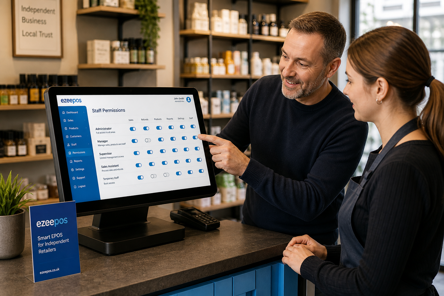 Why Staff Permissions Matter in Retail EPOS for Independent Shops: a realistic commercial photography style image inside a modern independent UK retail shop with a clean counter, a touchscreen EPOS terminal clearly displaying a user permissions/admin screen, a friendly owner or manager showing a staff member how access levels work, subtle blue brand accents on the interface and counter details, shelves of everyday retail products in soft focus behind them, warm natural lighting, shallow depth of field, premium but realistic composition, professional website hero image style for ezeepos, technology and till management as the clear focus, no exaggerated futuristic elements, no clutter, no cartoon look, suitable as a WordPress featured image.