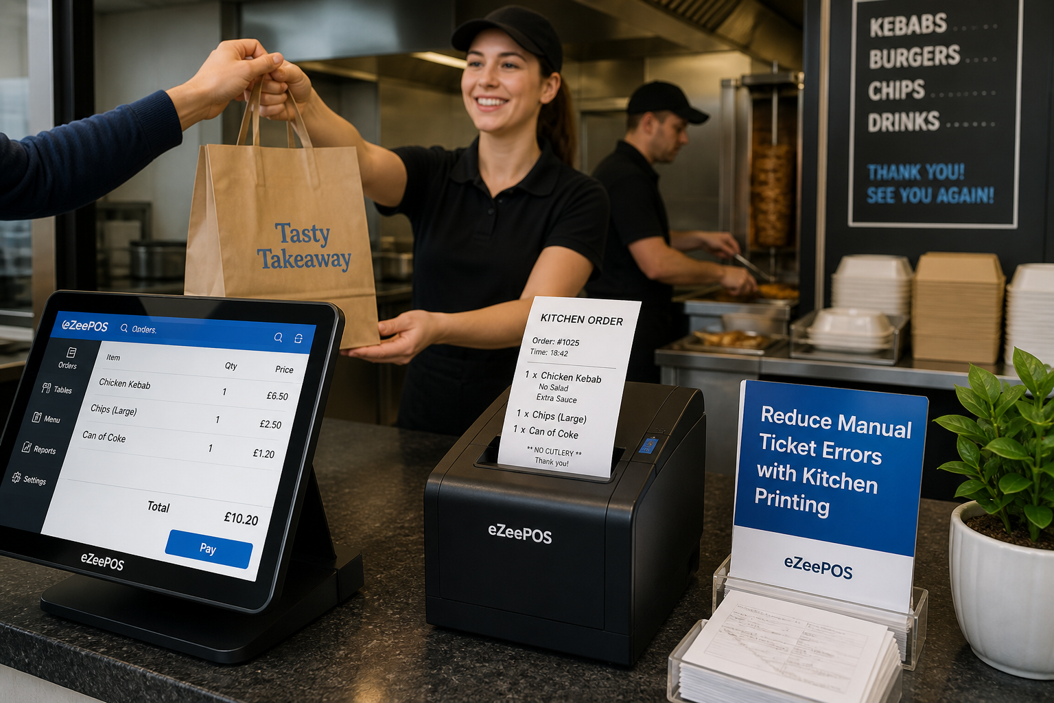 Reducing Manual Ticket Errors with Kitchen Printing in Busy Takeaways, photorealistic commercial photography style featuring a busy UK takeaway counter and prep area during service, a modern touchscreen EPOS terminal at the counter sending a clearly printed kitchen ticket to a compact kitchen printer, staff member handing over an order while another prepares food in the background, visible order slips and a clean counter area, subtle blue brand accents on the POS interface and small signage, warm natural lighting, shallow depth of field, premium realistic composition, friendly professional atmosphere, the kitchen printer and readable order flow should be the focus, suitable as a WordPress featured image for eZeePOS.