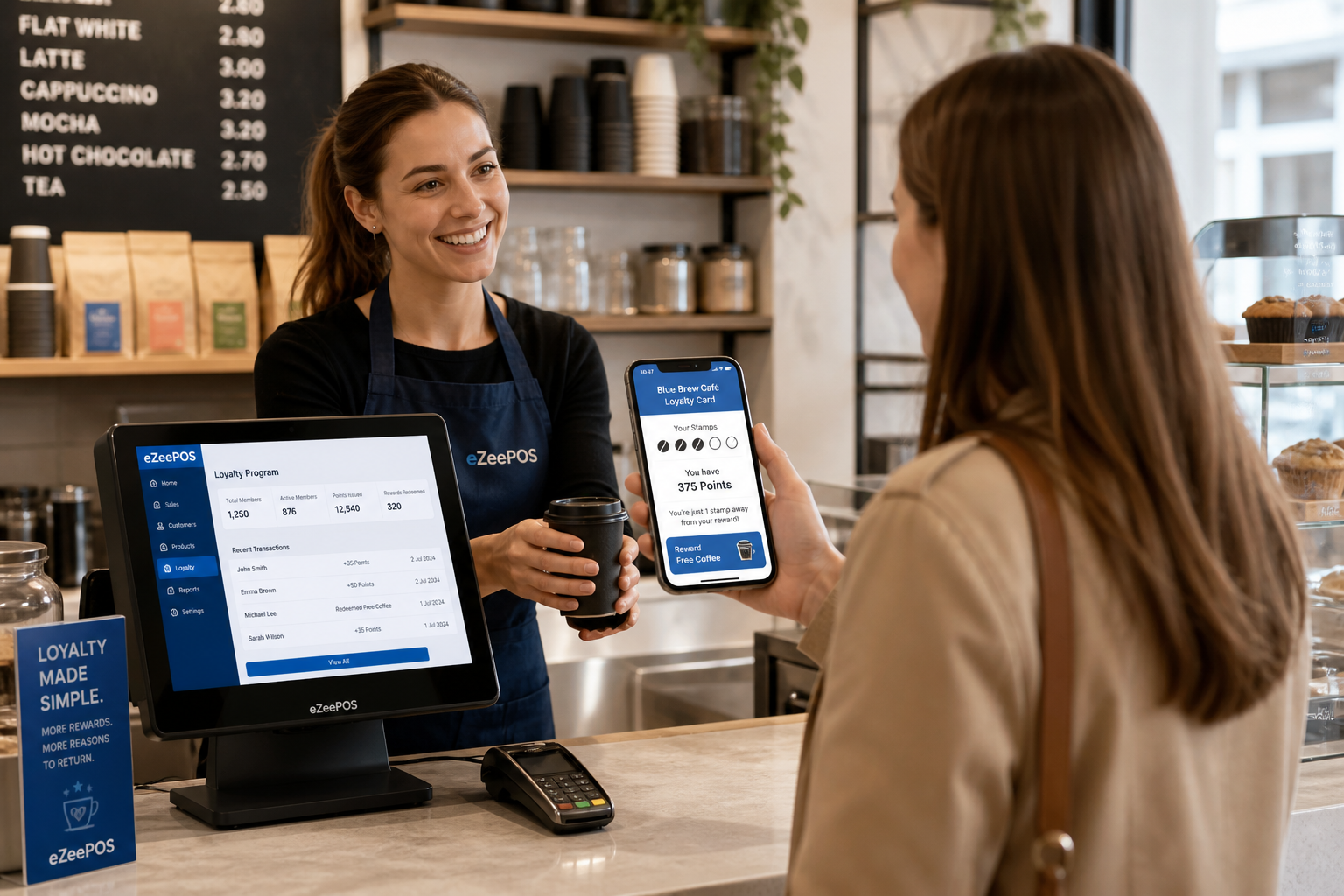 Customer Loyalty Ideas for Cafés, Shops and Takeaways, realistic photorealistic commercial photography style of a warm modern UK café counter scene with a friendly staff member serving a regular customer while the customer holds a smartphone showing a digital loyalty wallet, stamps, points and a reward offer on screen, with an eZeePOS-style touchscreen POS terminal visible beside a card terminal and a clean counter, subtle blue brand accents in the interface and signage, shallow depth of field, natural daylight, premium but realistic composition, professional blog hero image for ezeepos, focused on loyalty technology and repeat customer engagement, clean background with coffee cups, small retail style products and a welcoming atmosphere, no cartoons, no exaggerated futuristic devices