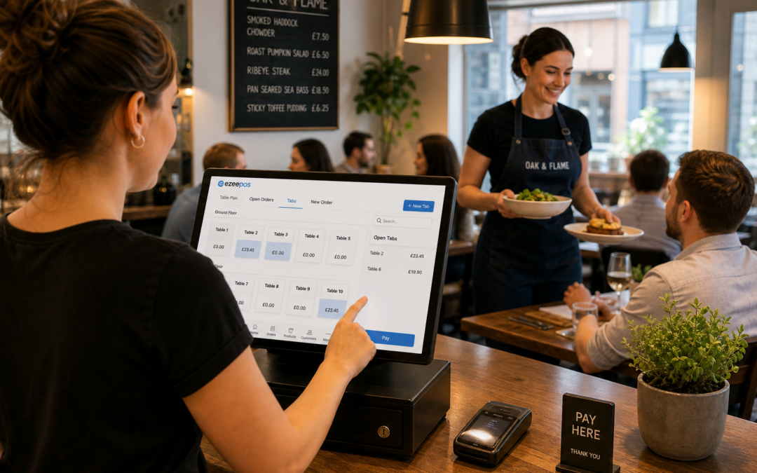 Table Service Made Simpler: How EPOS Helps Restaurants Stay Organised, photorealistic commercial photography style showing a busy UK independent restaurant with a modern touchscreen EPOS till at the front counter, a server using the screen to manage table orders and open tabs, a clean dining area in the background with warm natural lighting, a visible customer-facing order and table management interface with subtle blue brand accents, neat counter space, a professional and calm service atmosphere, shallow depth of field, premium realistic composition, friendly staff interaction, realistic payment and table service workflow, designed as a WordPress featured image for an ezeepos blog article, no clutter, no abstract graphics, focus on practical restaurant service technology.