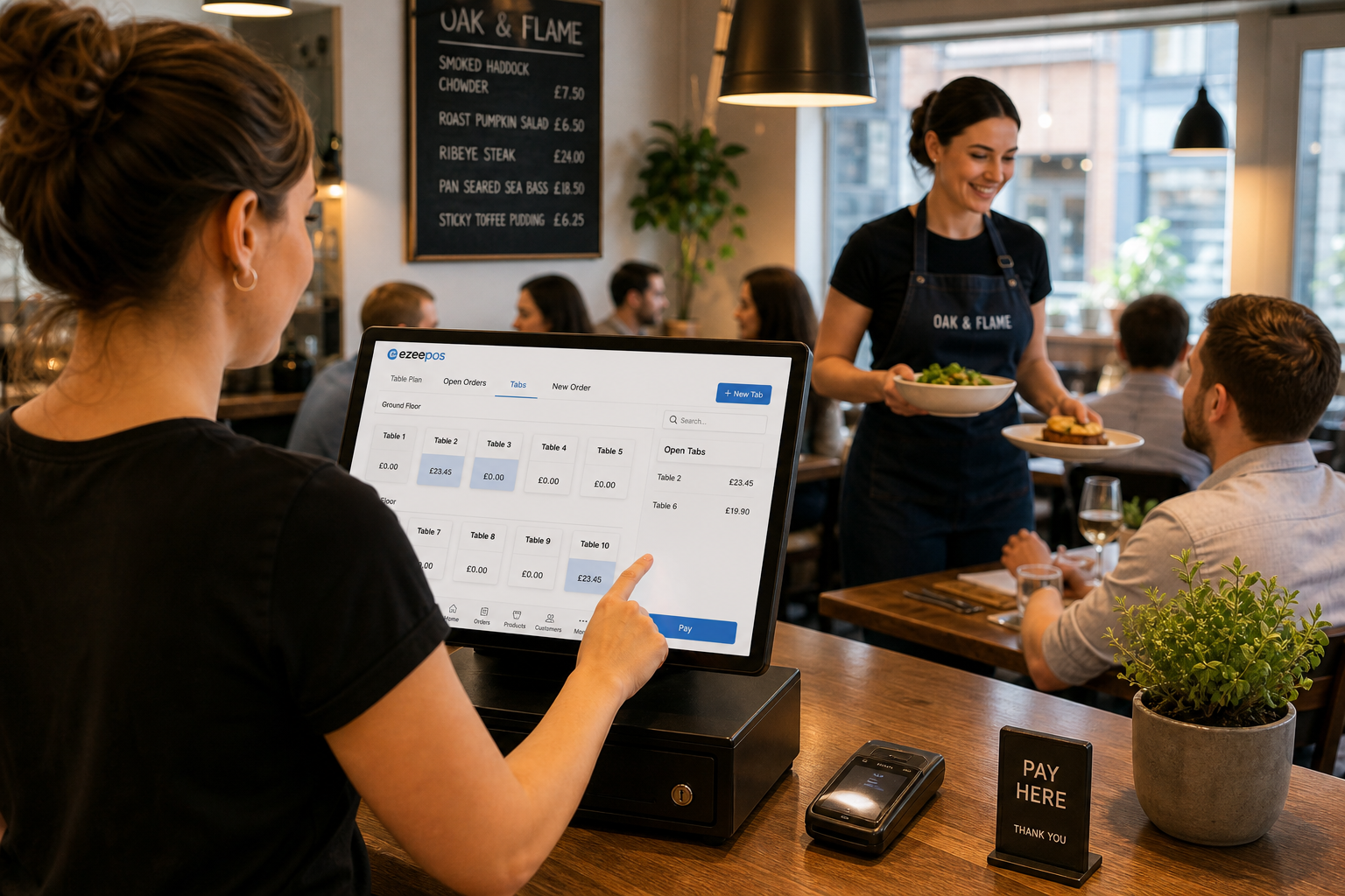 Table Service Made Simpler: How EPOS Helps Restaurants Stay Organised, photorealistic commercial photography style showing a busy UK independent restaurant with a modern touchscreen EPOS till at the front counter, a server using the screen to manage table orders and open tabs, a clean dining area in the background with warm natural lighting, a visible customer-facing order and table management interface with subtle blue brand accents, neat counter space, a professional and calm service atmosphere, shallow depth of field, premium realistic composition, friendly staff interaction, realistic payment and table service workflow, designed as a WordPress featured image for an ezeepos blog article, no clutter, no abstract graphics, focus on practical restaurant service technology.