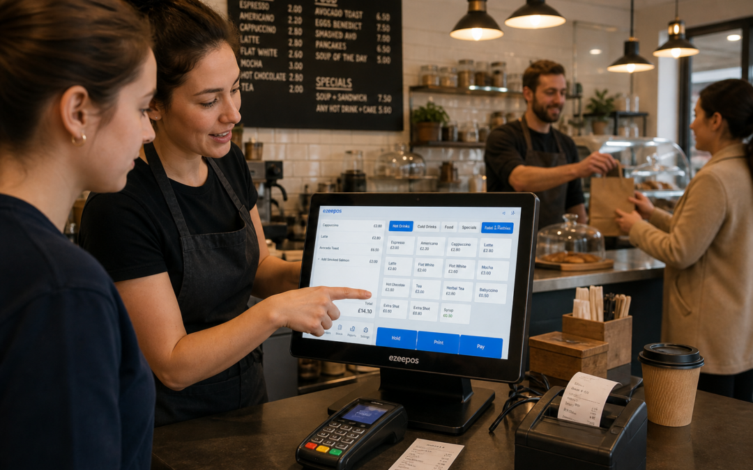 Why Staff Training Matters for Busy Cafes, Restaurants and Takeaways - Photorealistic commercial photography of a busy UK cafe or takeaway counter during training, with a friendly staff member showing a new employee how to use a modern ezeepos-style touchscreen POS terminal while another team member serves a customer in the background; the POS screen should show a clear, organised order interface with subtle blue brand accents, and a card terminal and printed kitchen ticket should be visible on a clean counter; warm natural lighting, shallow depth of field, premium realistic composition, professional hospitality setting, calm but busy atmosphere, shallow focus on the till and hands demonstrating the workflow, suitable as a WordPress featured image for a UK EPOS blog post.