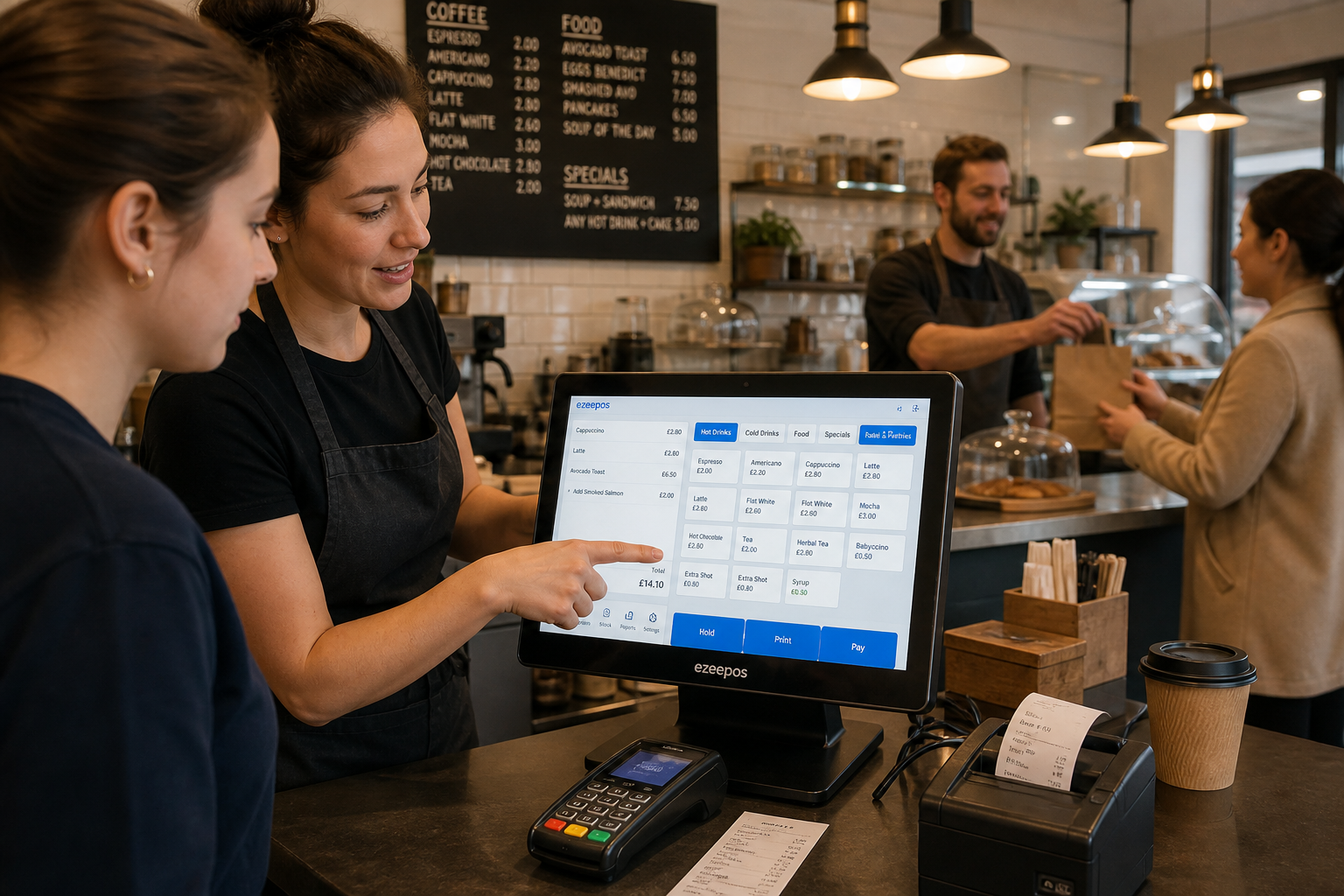 Why Staff Training Matters for Busy Cafes, Restaurants and Takeaways - Photorealistic commercial photography of a busy UK cafe or takeaway counter during training, with a friendly staff member showing a new employee how to use a modern ezeepos-style touchscreen POS terminal while another team member serves a customer in the background; the POS screen should show a clear, organised order interface with subtle blue brand accents, and a card terminal and printed kitchen ticket should be visible on a clean counter; warm natural lighting, shallow depth of field, premium realistic composition, professional hospitality setting, calm but busy atmosphere, shallow focus on the till and hands demonstrating the workflow, suitable as a WordPress featured image for a UK EPOS blog post.