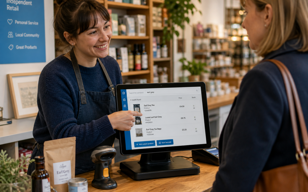 Benefits of Product Lookup for Independent Retailers at the Till, photorealistic commercial photography style in a warm modern UK independent retail shop, a friendly shop assistant using an ezeepos-style touchscreen POS terminal with a clear product lookup screen while helping a customer at the counter, barcode scanner resting nearby, neatly arranged products and shelves in the background, subtle blue brand accents on the interface and signage, realistic checkout environment showing how product search helps find the right item quickly, shallow depth of field, natural lighting, premium but realistic composition, clean counter area, professional blog hero image for ezeepos, focused on retail efficiency and customer service, no fake logos, no clutter, no illustration style