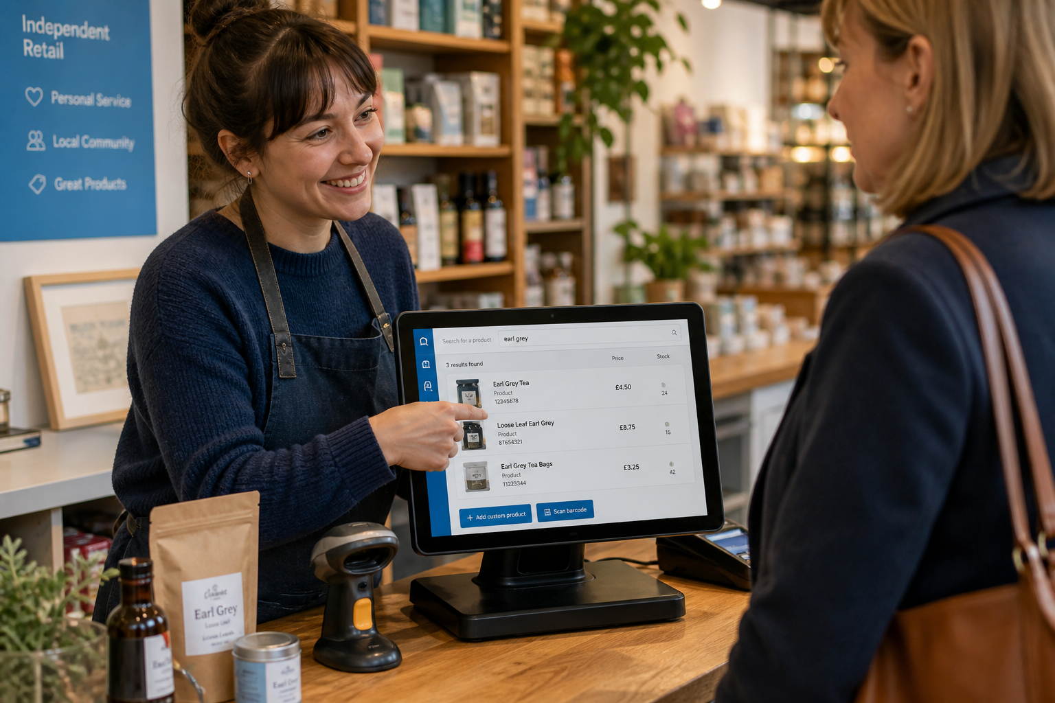 Benefits of Product Lookup for Independent Retailers at the Till, photorealistic commercial photography style in a warm modern UK independent retail shop, a friendly shop assistant using an ezeepos-style touchscreen POS terminal with a clear product lookup screen while helping a customer at the counter, barcode scanner resting nearby, neatly arranged products and shelves in the background, subtle blue brand accents on the interface and signage, realistic checkout environment showing how product search helps find the right item quickly, shallow depth of field, natural lighting, premium but realistic composition, clean counter area, professional blog hero image for ezeepos, focused on retail efficiency and customer service, no fake logos, no clutter, no illustration style