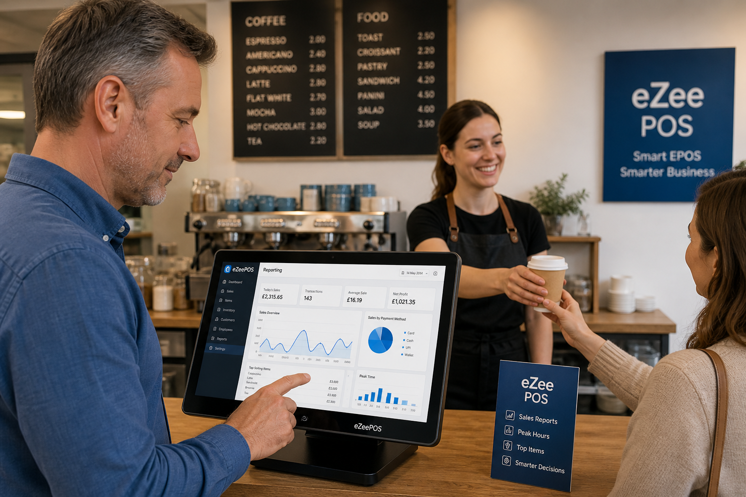 Using EPOS Reporting to Make Smarter Day-to-Day Decisions, a photorealistic commercial photography style image in a modern UK café or independent retail shop with warm natural lighting and shallow depth of field, showing a business owner standing beside a clean counter reviewing sales and trade reports on an eZeePOS-style touchscreen POS terminal or tablet, with simple dashboard charts, peak-time graphs and sales summaries visible on the screen, subtle blue brand accents in the interface and nearby signage, a friendly member of staff serving a customer in the background, premium but realistic composition, tidy counter area, professional business atmosphere, technology clearly the focus, suitable as a WordPress featured blog image for ezeepos, realistic and specific to EPOS reporting for UK businesses.