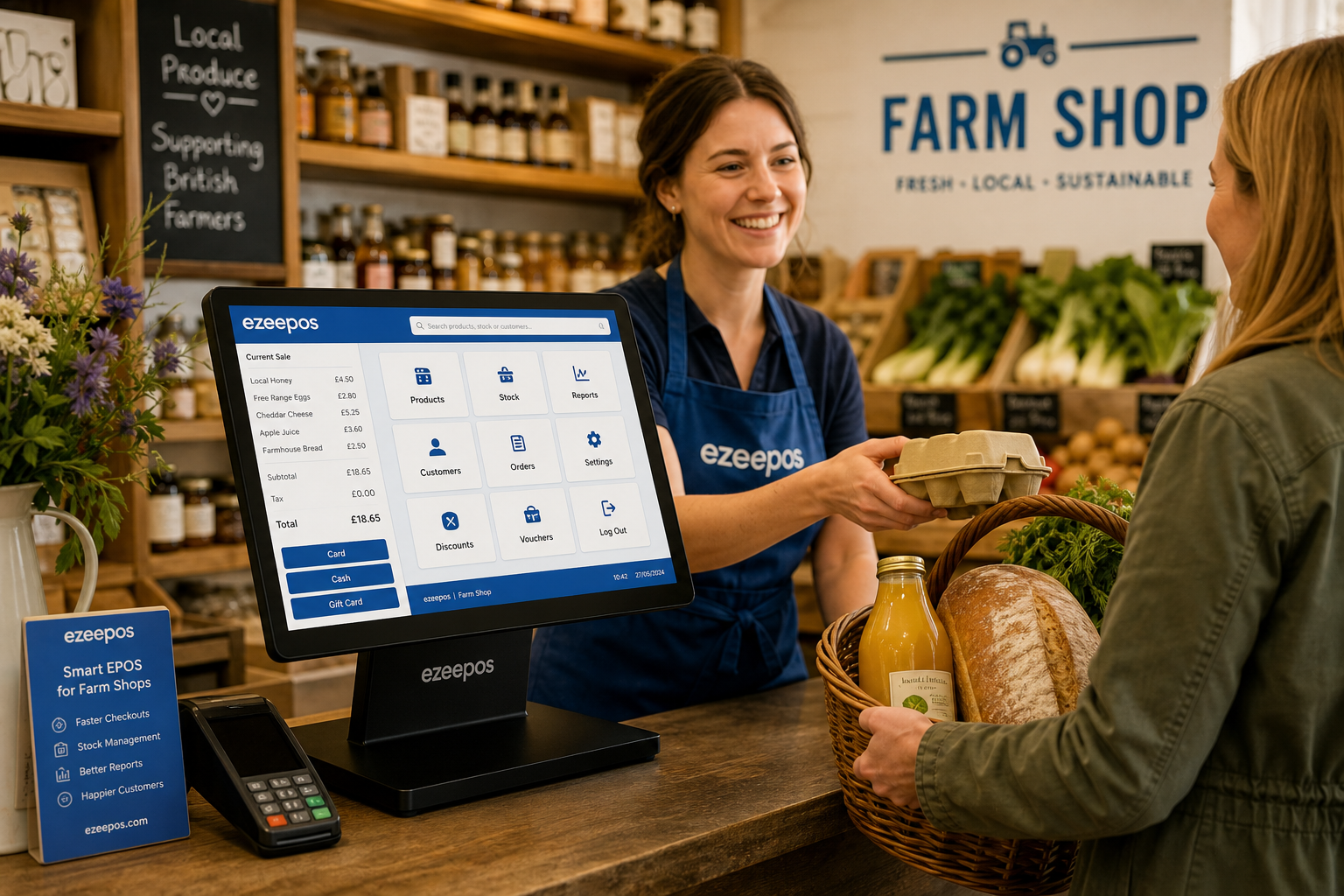 How EPOS Helps Farm Shops Create a Better Customer Experience: Photorealistic commercial photography style image of a busy UK farm shop counter with a modern touchscreen EPOS terminal and clean till area, a friendly staff member serving a customer holding local produce and a basket of goods, with shelves of farm shop items, deli products and seasonal produce softly blurred in the background; the POS screen should be clearly visible with a neat blue-accent interface suggesting fast checkout and simple sales management, warm natural lighting, shallow depth of field, premium realistic composition, subtle blue brand accents in the screen and signage, professional blog hero image for ezeepos, focused on improving customer experience in an independent farm shop.