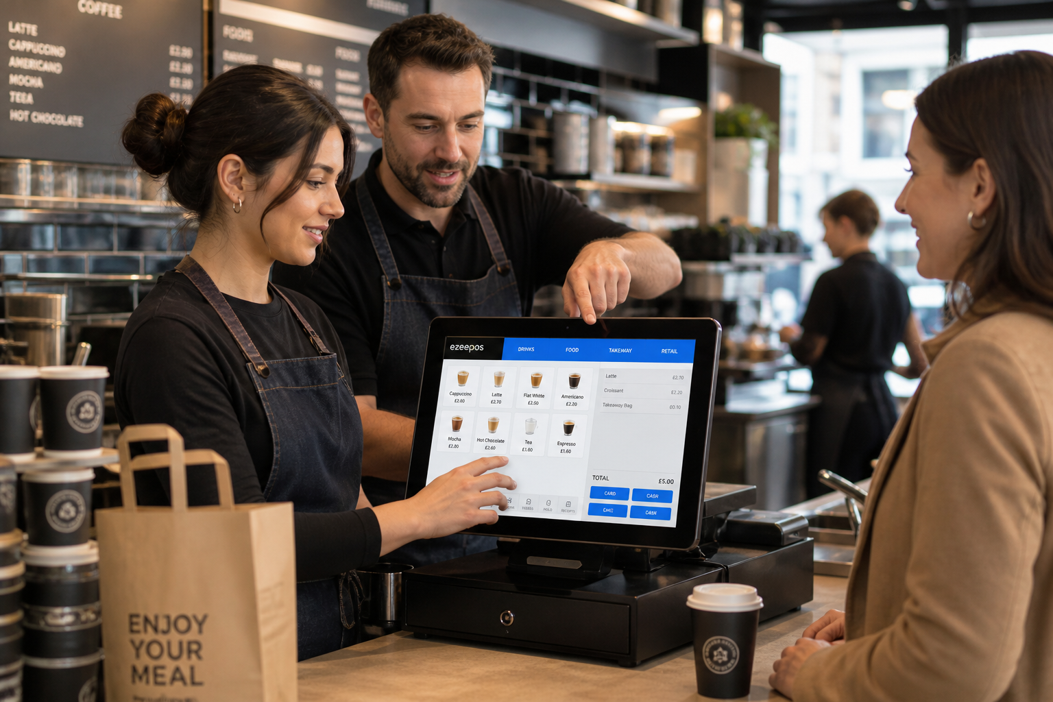 Why Staff Training Matters for Busy Cafes, Restaurants and Takeaways, photorealistic commercial photography style, a busy UK cafe or takeaway counter during service with a friendly staff member confidently using a modern touchscreen EPOS till while a supervisor gives quick training guidance beside them, clear menu buttons visible on the screen with subtle blue interface accents, a customer waiting politely at the counter, coffee cups and takeaway packaging neatly arranged, clean and modern counter area, warm natural lighting, shallow depth of field, professional hospitality environment, realistic composition, premium but authentic feel, technology and staff interaction as the focus, suitable as a WordPress featured image for ezeepos