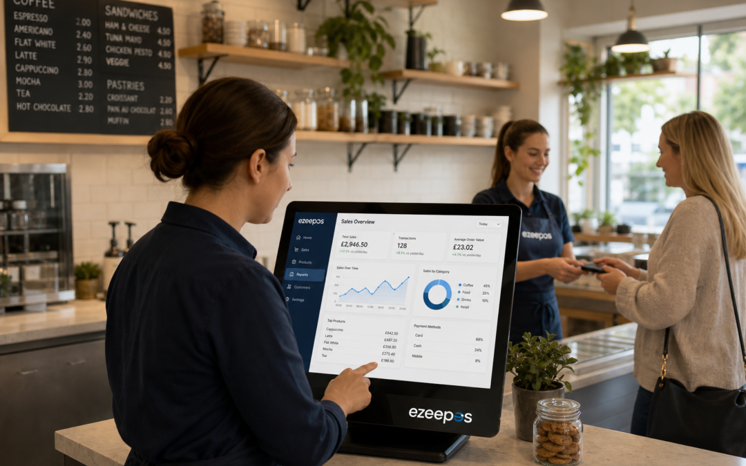 How EPOS Reporting Helps Independent Shops and Hospitality Businesses Make Smarter Decisions, photorealistic commercial photography in a modern UK independent cafe or small retail shop, warm natural light, shallow depth of field, clean counter area with a touchscreen EPOS terminal displaying clear sales charts and dashboards, a business owner or manager reviewing daily performance on the screen while a staff member serves a customer in the background, subtle blue brand accents on the interface and uniforms, realistic professional composition focused on reporting insights and decision-making, premium but natural styling, suitable as a WordPress featured image for ezeepos, no clutter, no abstract tech, no illustration style