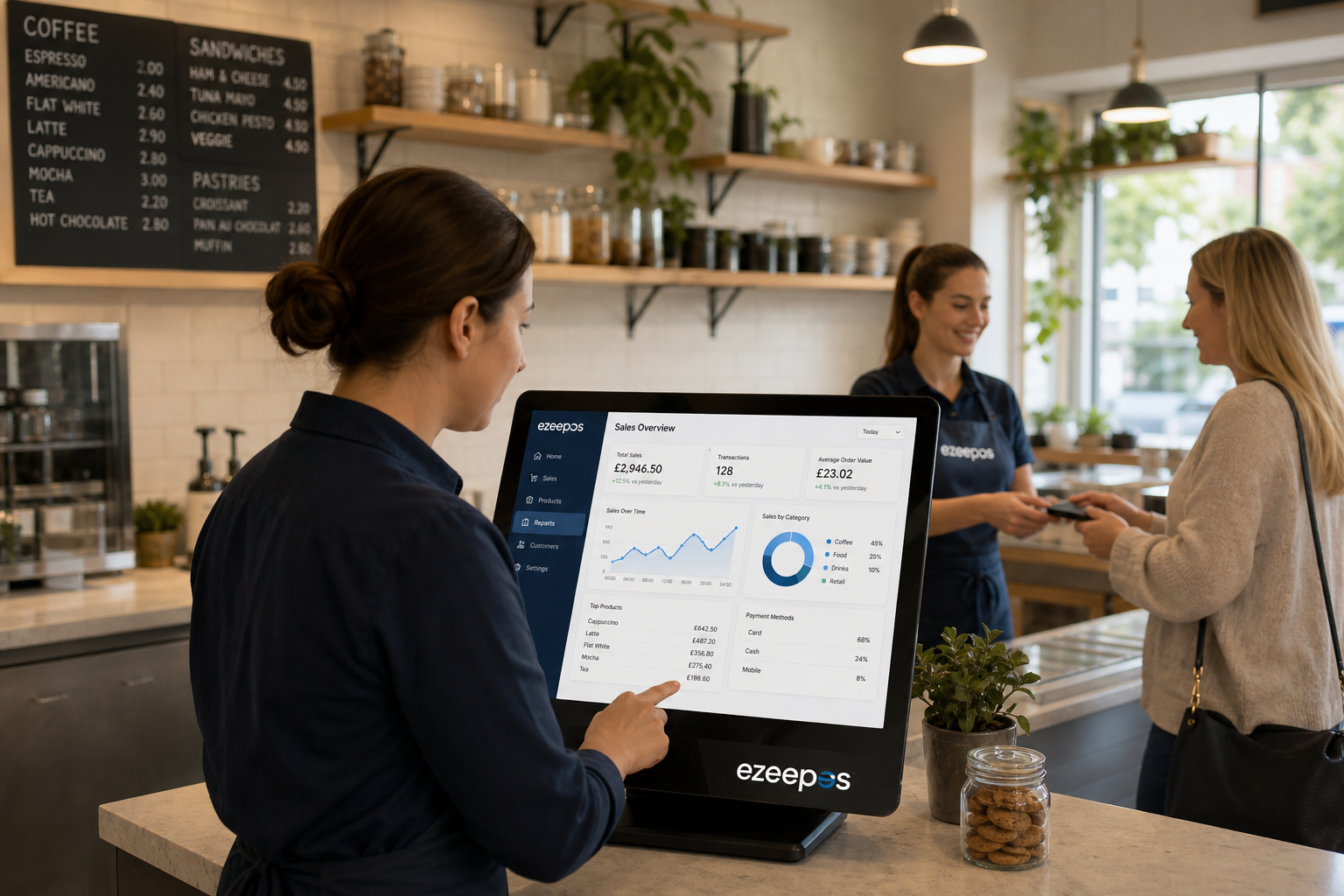 How EPOS Reporting Helps Independent Shops and Hospitality Businesses Make Smarter Decisions, photorealistic commercial photography in a modern UK independent cafe or small retail shop, warm natural light, shallow depth of field, clean counter area with a touchscreen EPOS terminal displaying clear sales charts and dashboards, a business owner or manager reviewing daily performance on the screen while a staff member serves a customer in the background, subtle blue brand accents on the interface and uniforms, realistic professional composition focused on reporting insights and decision-making, premium but natural styling, suitable as a WordPress featured image for ezeepos, no clutter, no abstract tech, no illustration style