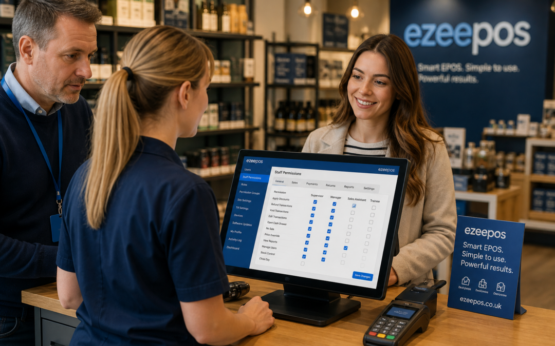 Staff Permissions in EPOS: A Simple Way to Reduce Mistakes and Keep Control, photorealistic commercial photography style of a modern UK retail counter with a touchscreen EPOS till showing a permissions/settings screen, a supervisor standing beside a staff member who is serving a customer, clean counter area, subtle blue brand accents on the interface and nearby signage, realistic British shop environment, warm natural lighting, shallow depth of field, professional blog hero image for ezeepos, technology clearly visible and central to the scene, calm and organised atmosphere, premium but realistic composition, suitable for a WordPress featured image
