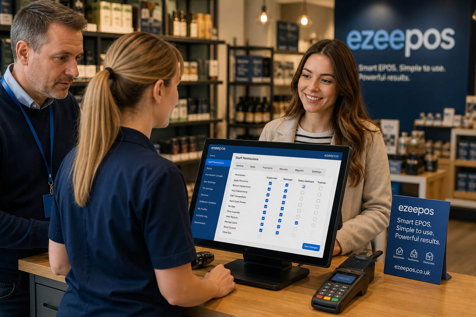 Staff Permissions in EPOS: A Simple Way to Reduce Mistakes and Keep Control, photorealistic commercial photography style of a modern UK retail counter with a touchscreen EPOS till showing a permissions/settings screen, a supervisor standing beside a staff member who is serving a customer, clean counter area, subtle blue brand accents on the interface and nearby signage, realistic British shop environment, warm natural lighting, shallow depth of field, professional blog hero image for ezeepos, technology clearly visible and central to the scene, calm and organised atmosphere, premium but realistic composition, suitable for a WordPress featured image