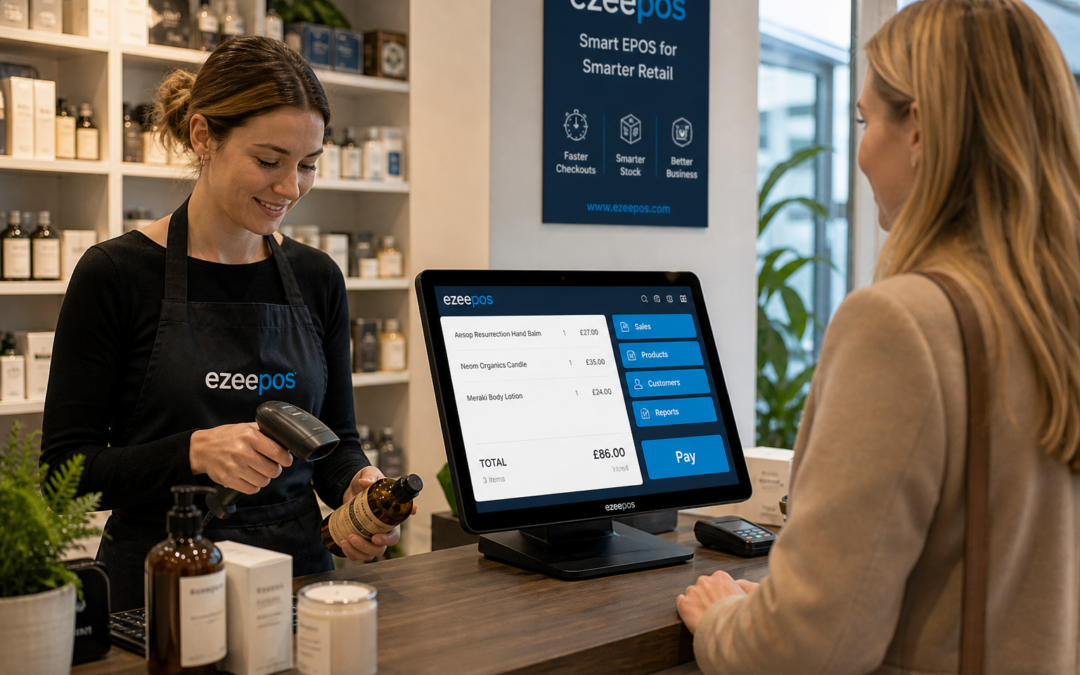 Barcode Scanning for Faster Retail Checkouts: a realistic photorealistic commercial photography style image showing a modern UK independent retail shop counter where a staff member is scanning products with a handheld barcode scanner beside a clean touchscreen EPOS terminal, with a customer waiting calmly at the till, neatly displayed shop products in the background, subtle blue brand accents on the screen interface and signage, warm natural lighting, shallow depth of field, premium but realistic composition, clean counter area, professional and friendly atmosphere, technology clearly visible as the focus, suitable as a WordPress featured image for an ezeepos blog post about faster checkout, reduced manual entry and smoother retail service.