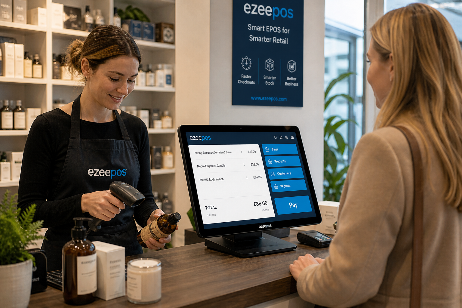 Barcode Scanning for Faster Retail Checkouts: a realistic photorealistic commercial photography style image showing a modern UK independent retail shop counter where a staff member is scanning products with a handheld barcode scanner beside a clean touchscreen EPOS terminal, with a customer waiting calmly at the till, neatly displayed shop products in the background, subtle blue brand accents on the screen interface and signage, warm natural lighting, shallow depth of field, premium but realistic composition, clean counter area, professional and friendly atmosphere, technology clearly visible as the focus, suitable as a WordPress featured image for an ezeepos blog post about faster checkout, reduced manual entry and smoother retail service.