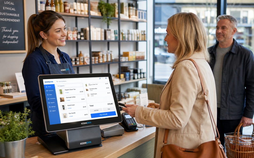 How eZeePOS Helps Independent Shops Reduce Checkout Delays - A realistic photorealistic marketing image in a modern UK independent retail shop, showing a friendly staff member serving a customer at a clean touchscreen till with a clear product lookup screen and a tidy counter, while another customer waits briefly but calmly in the background; the POS interface should feature subtle blue brand accents and visible checkout workflow elements that suggest faster item lookup and smoother service, with shelves of everyday retail products behind the counter, natural window lighting, shallow depth of field, premium commercial photography style, warm and professional mood, realistic details, ezeepos-style retail technology as the focus, suitable as a WordPress featured image for a blog about reducing checkout delays.